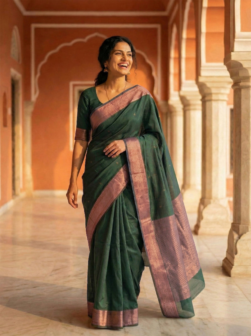 Woman in a green saree with pink border standing in an architectural setting