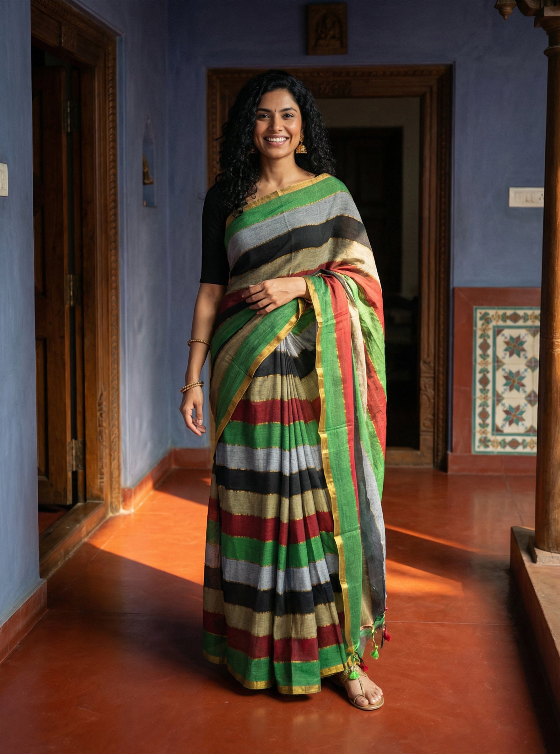 Cotton Traditional Green and Red Border Saree with Black Stripes