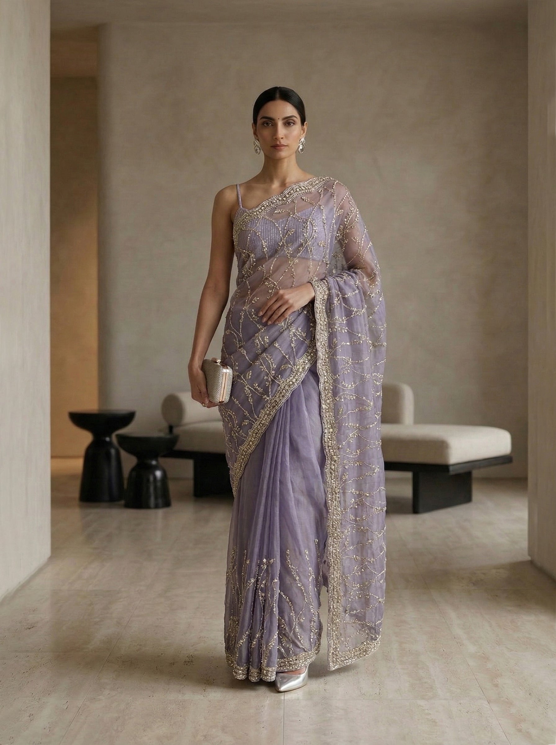 Organza Lavender Sequin Work Designer Saree