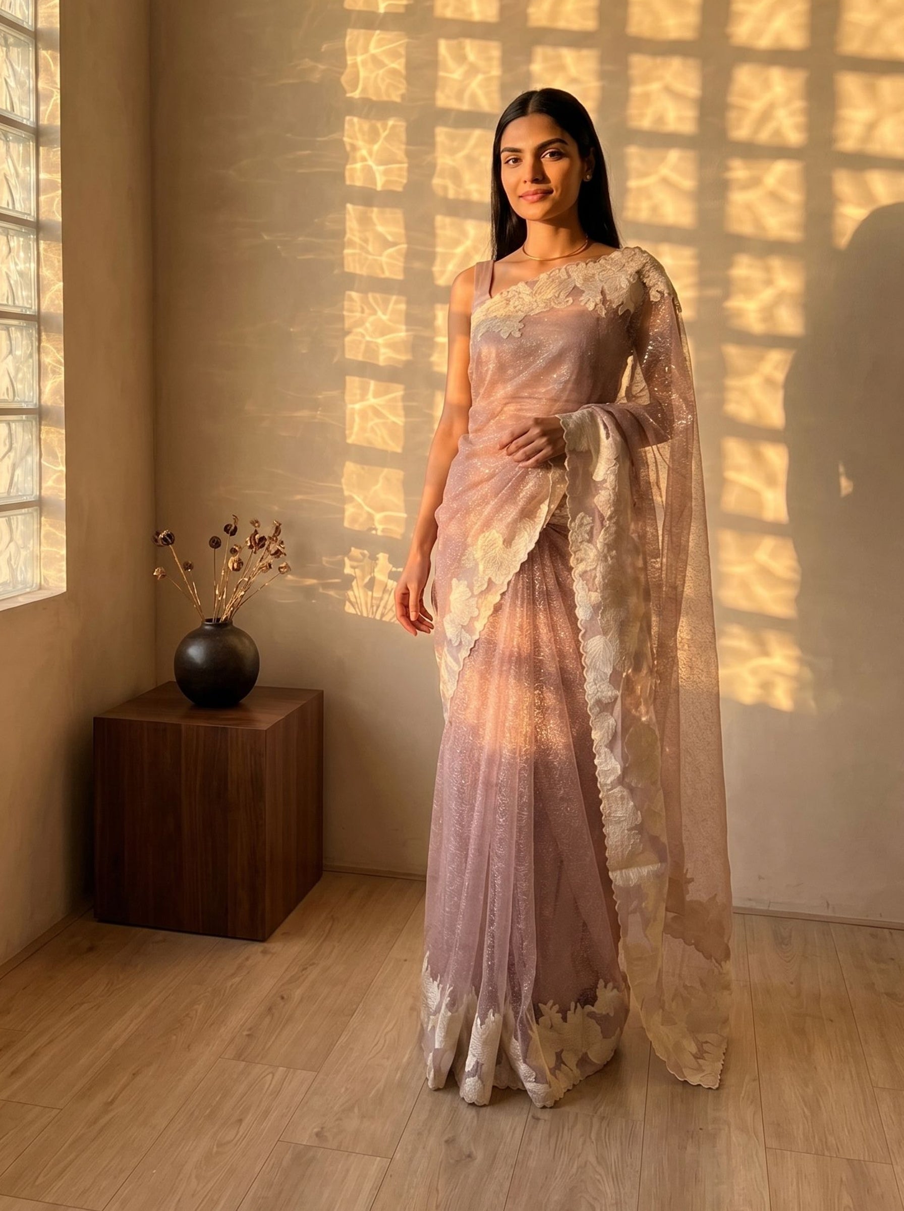 Organza Silk Pastel Lavender Floral Applique Border Saree