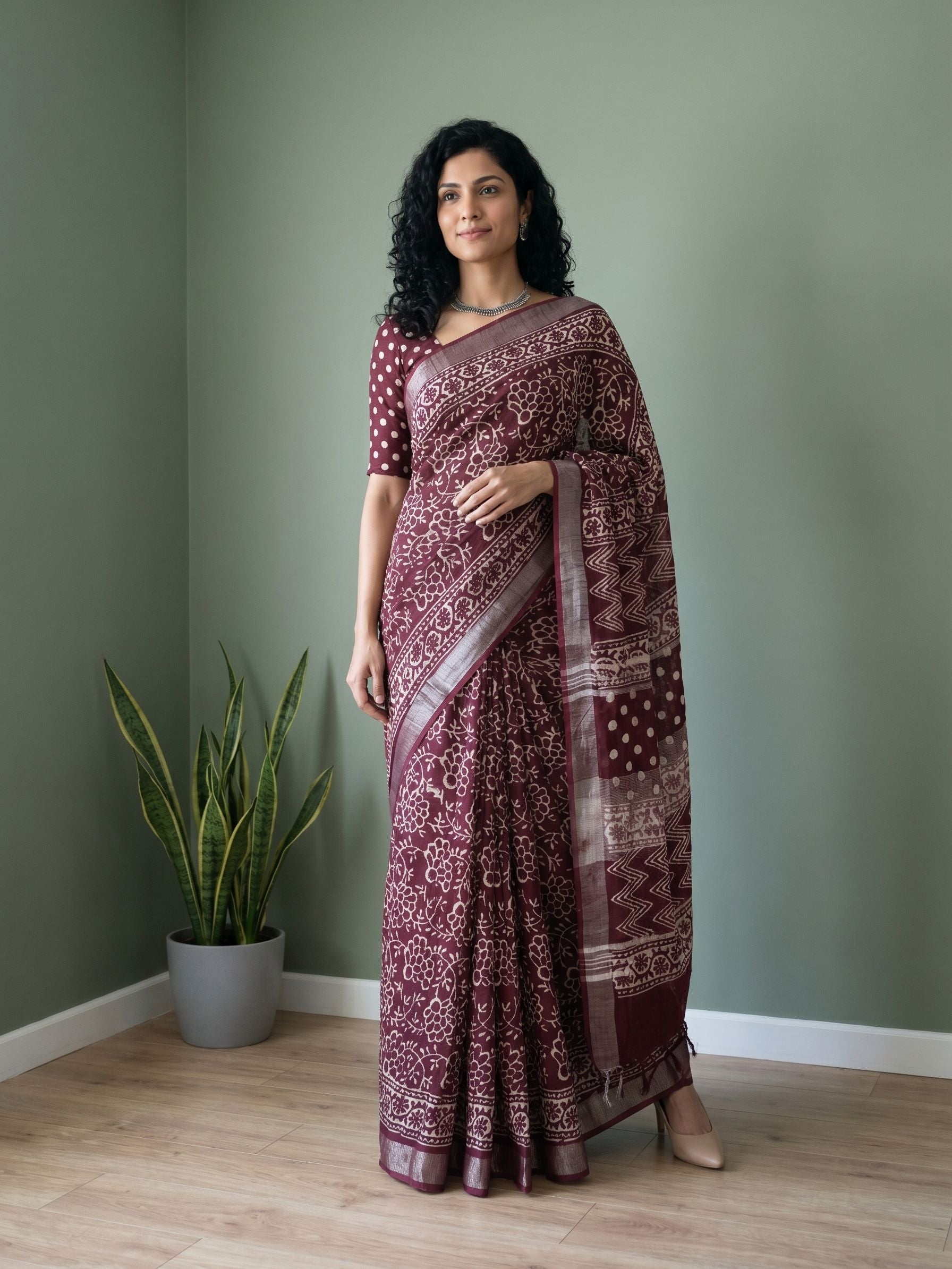 Woman wearing a maroon saree with a pattern standing against a green wall.