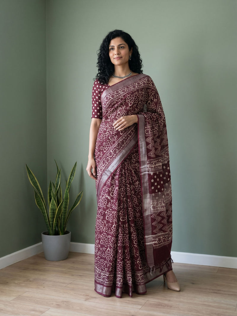 Woman wearing a maroon saree with a pattern standing against a green wall.