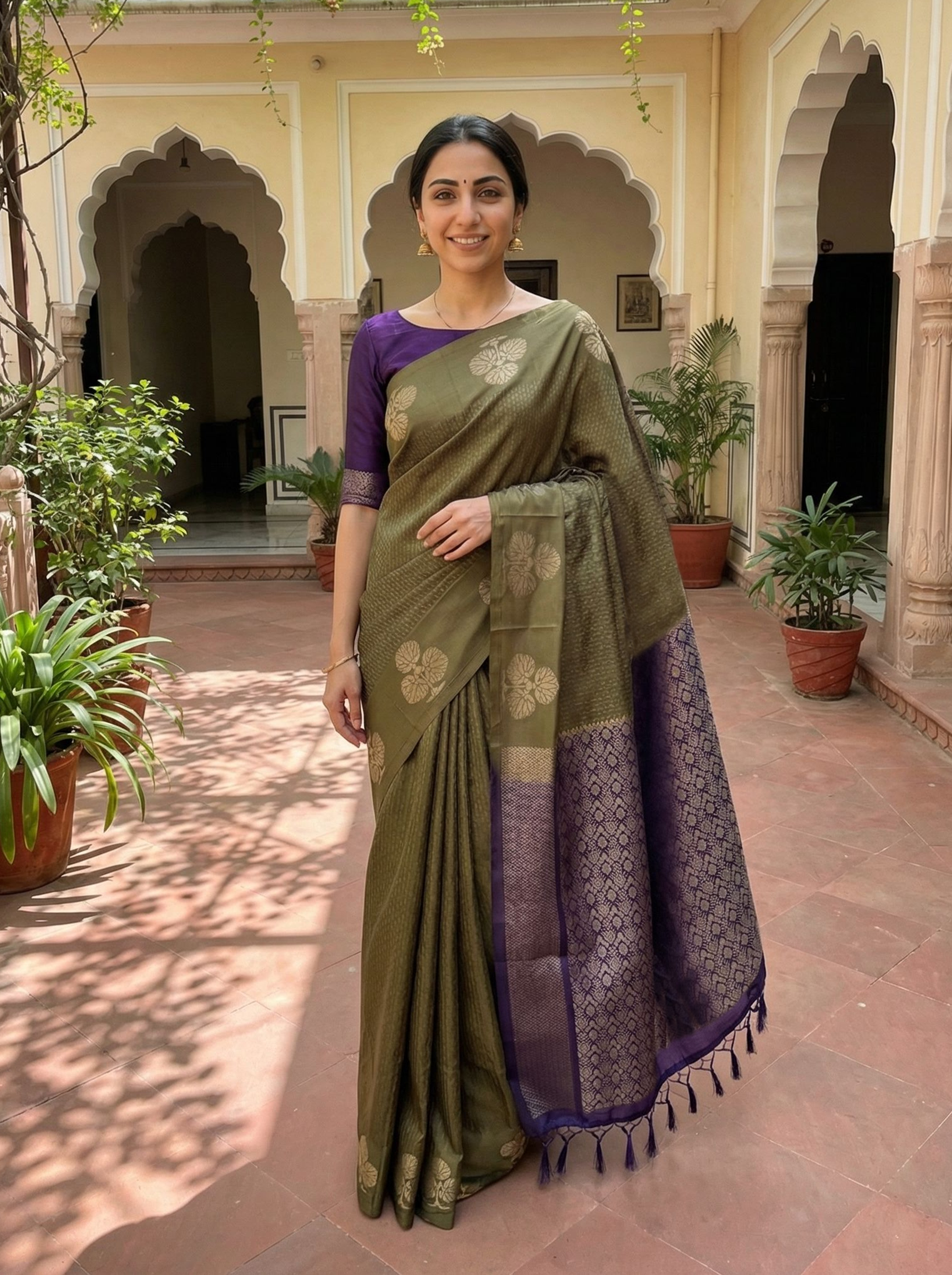 Semi Silk Olive Green Saree with Intricate Gold Floral Motifs
