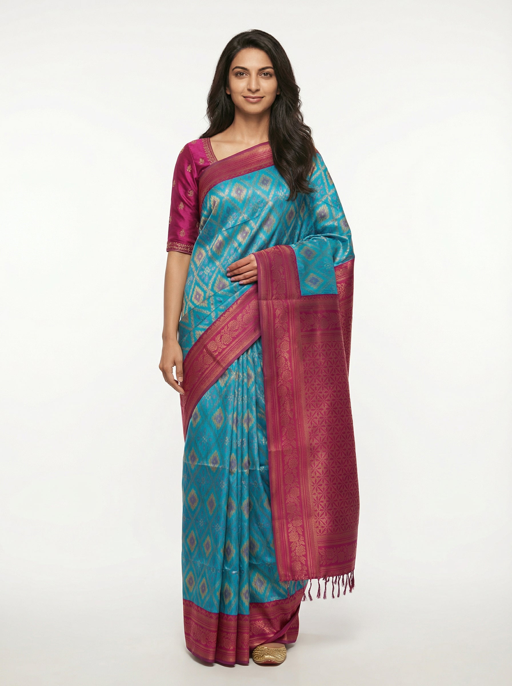 Semi Silk Women’s Peacock Blue Saree with Contrast Wine Blouse