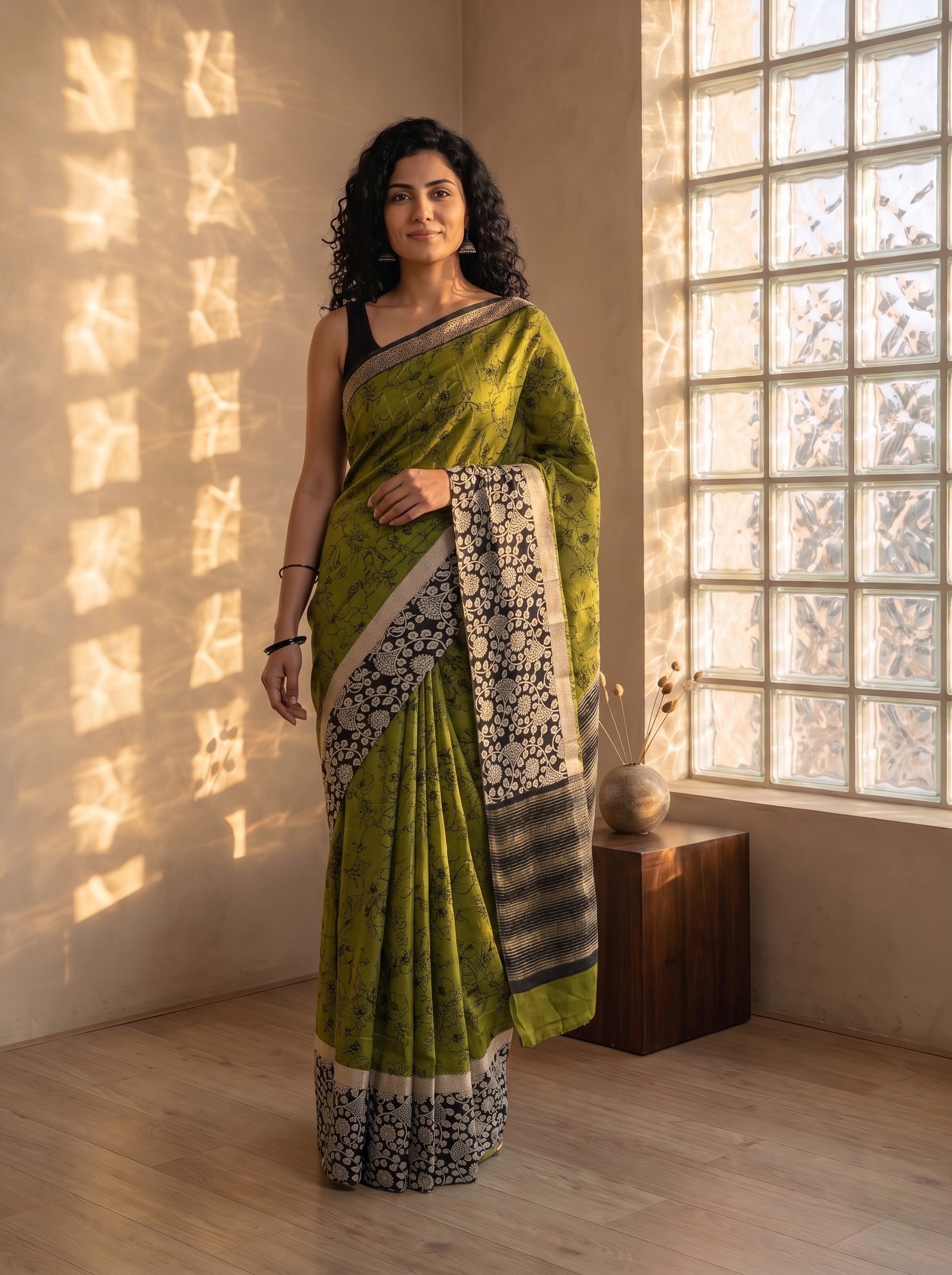 Linen Olive Green Saree with Black Floral Jaal Print and Contrast Kalamkari Border