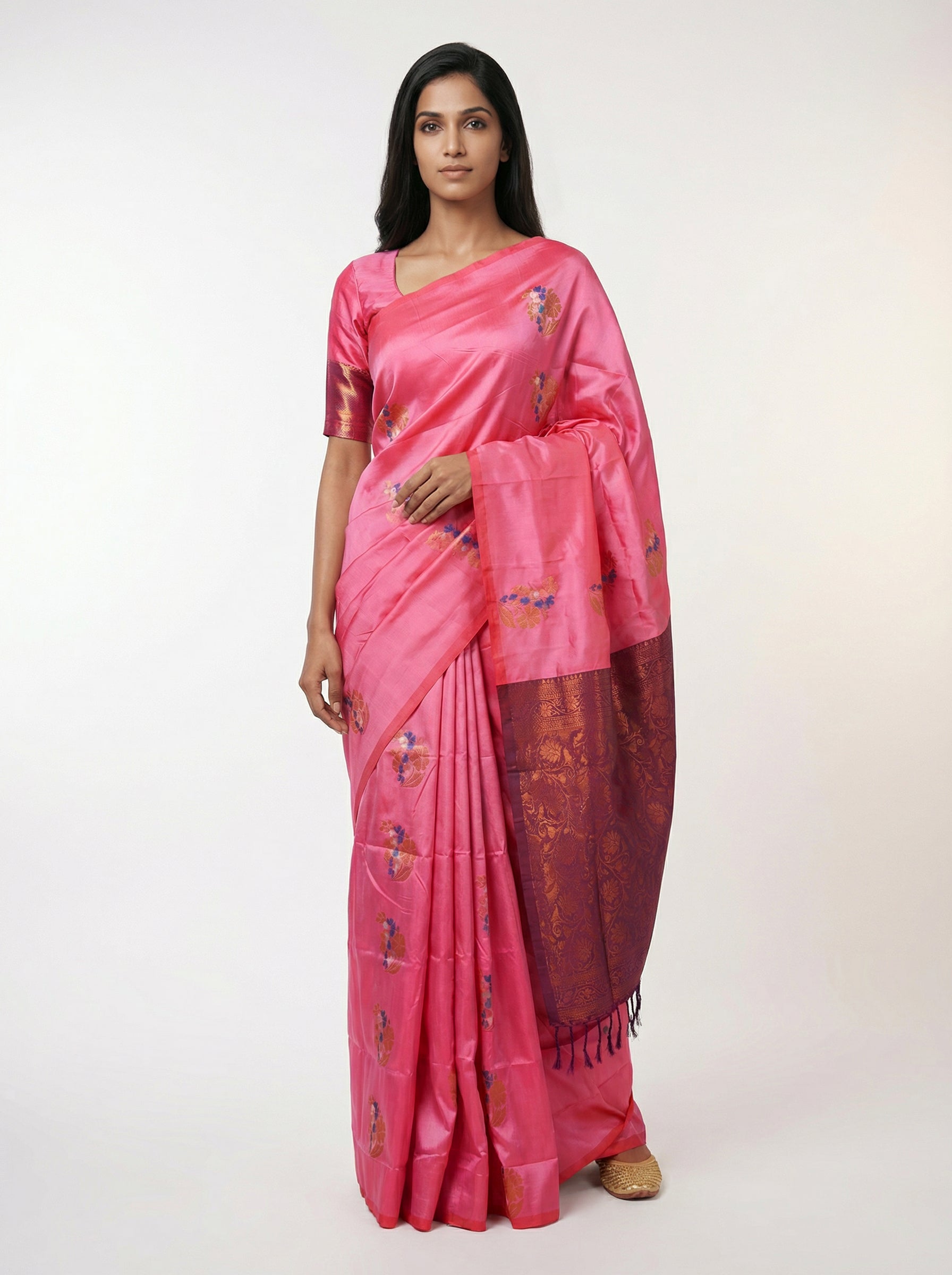 Semi Silk Rose Saree with Multicolour Zari Floral Design