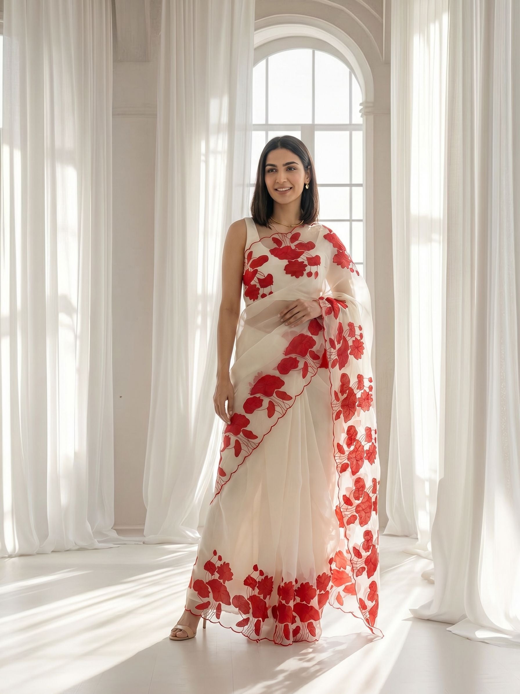 Woman wearing a white saree with red floral patterns in a bright room.