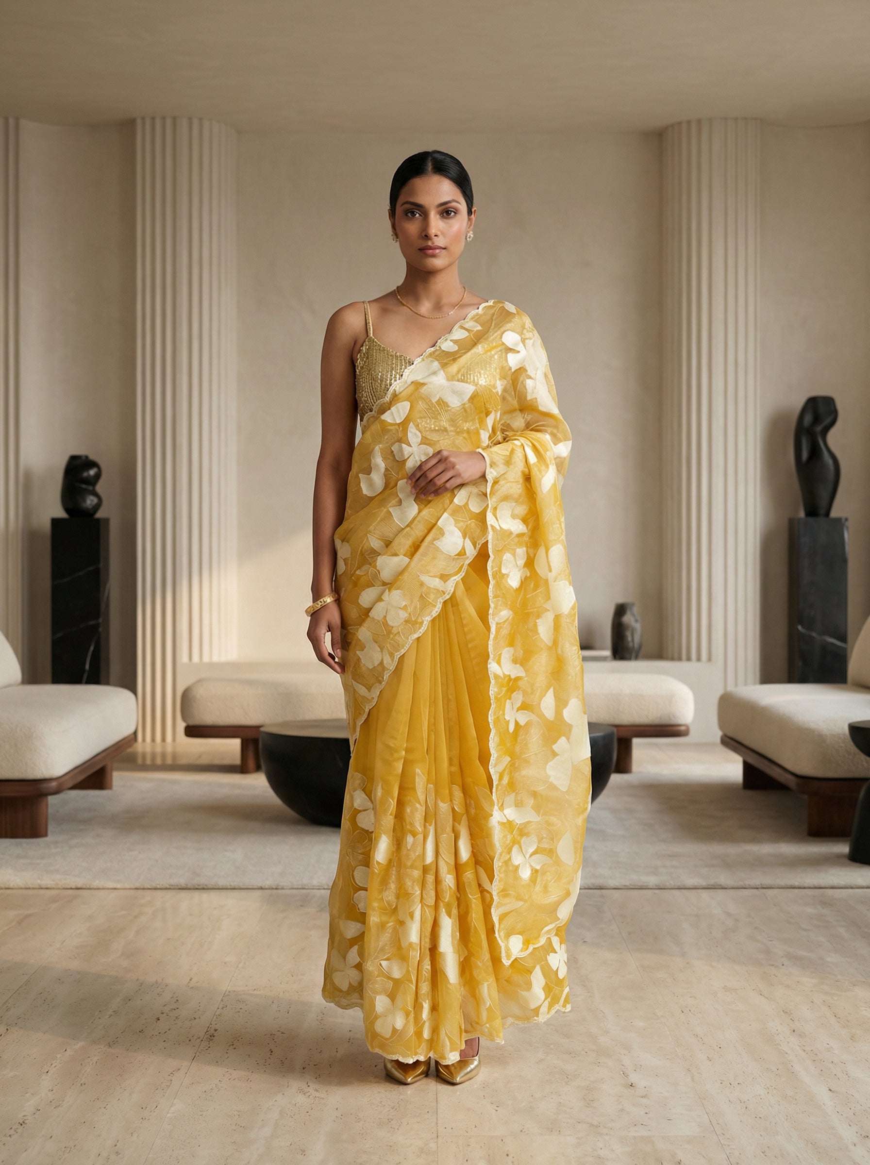 Organza Yellow Floral Motif Designer Saree
