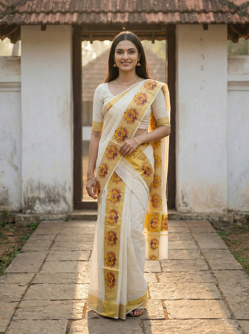 Woman wearing a traditional saree with floral patterns in an outdoor setting.