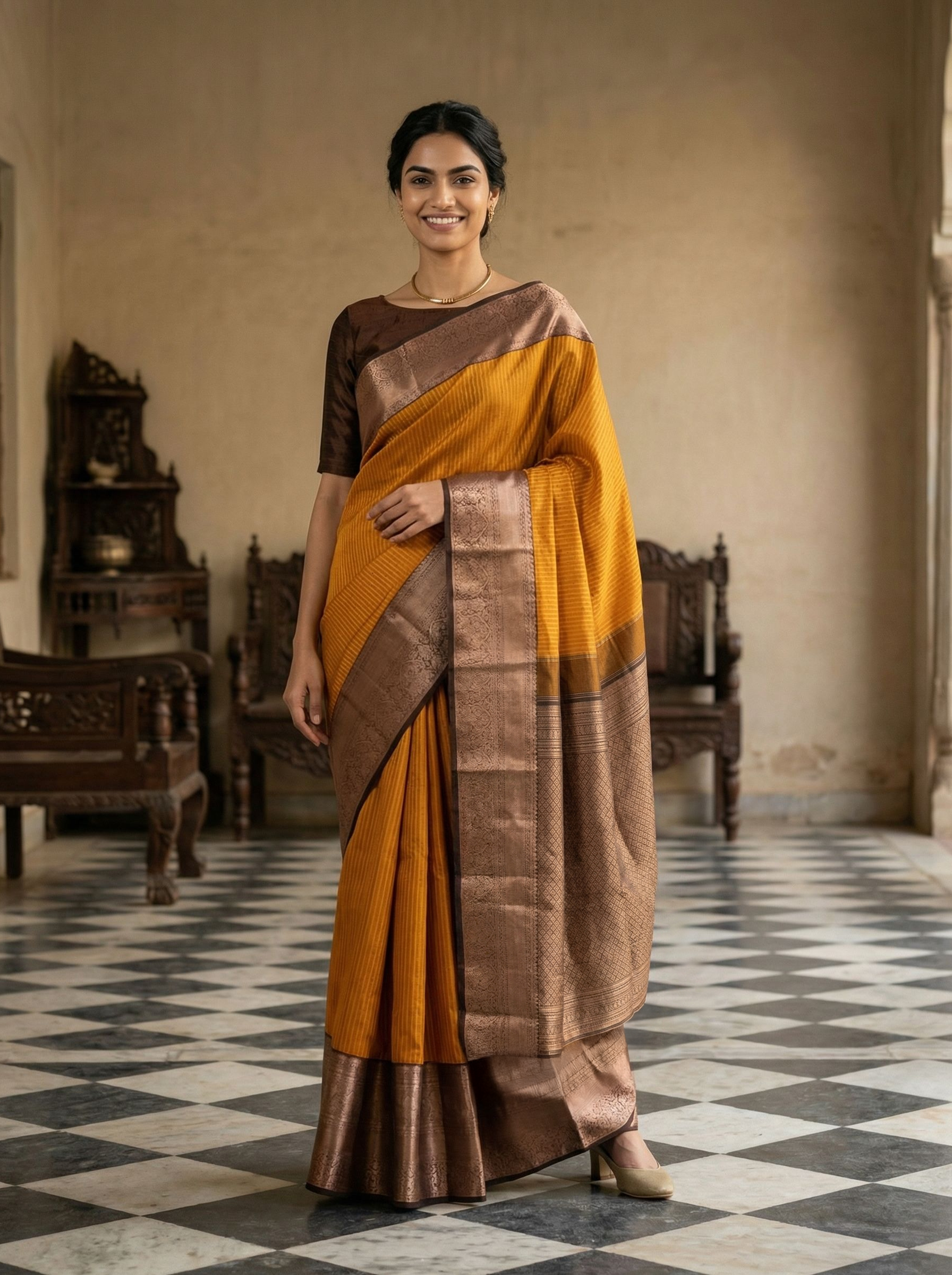 Woman wearing a traditional mustard and brown saree in an indoor setting with checkered floor and wooden furniture.