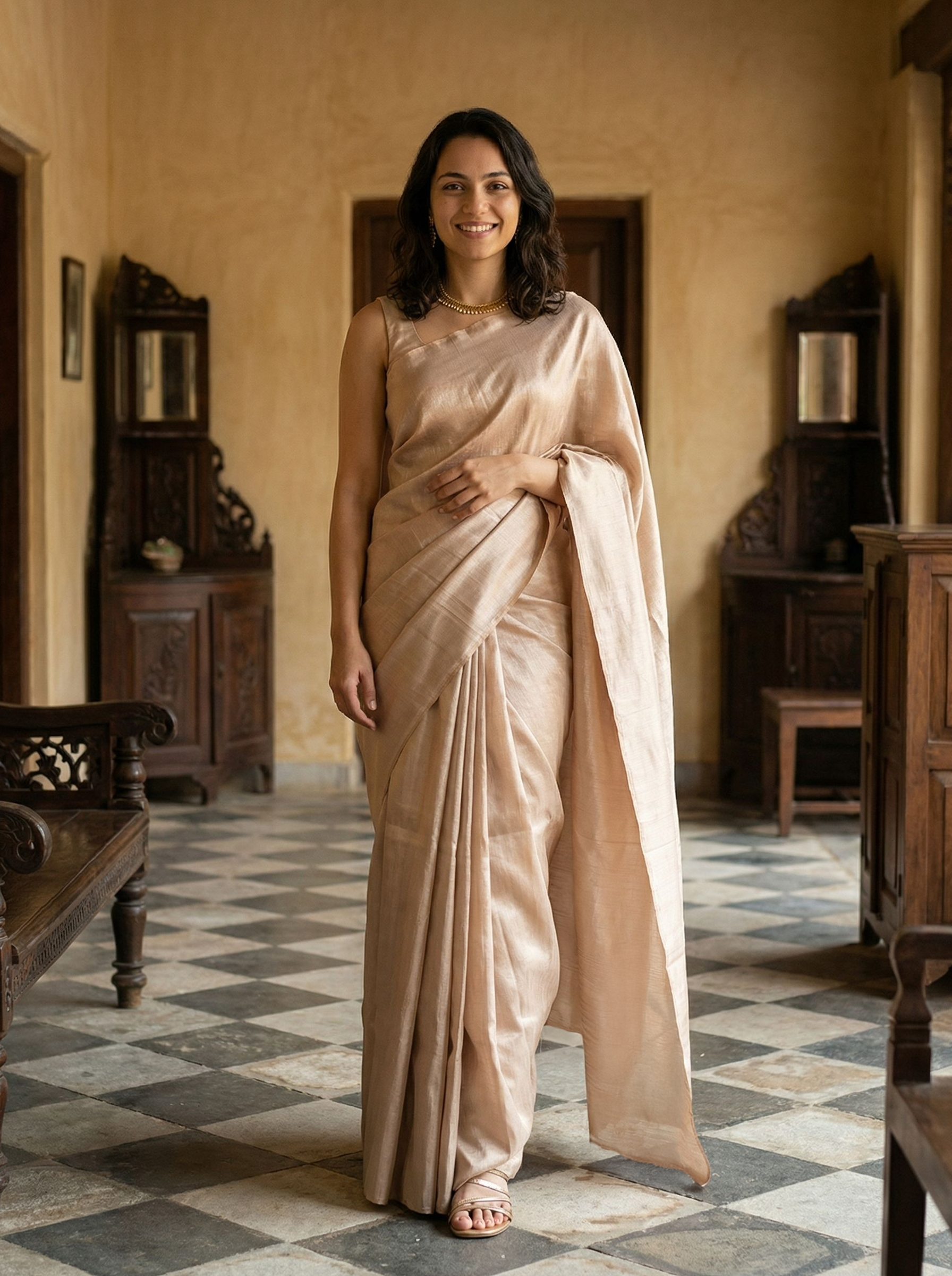 Kanjivaram silk Pastel Beige Plain Saree with Elegant Self-Border