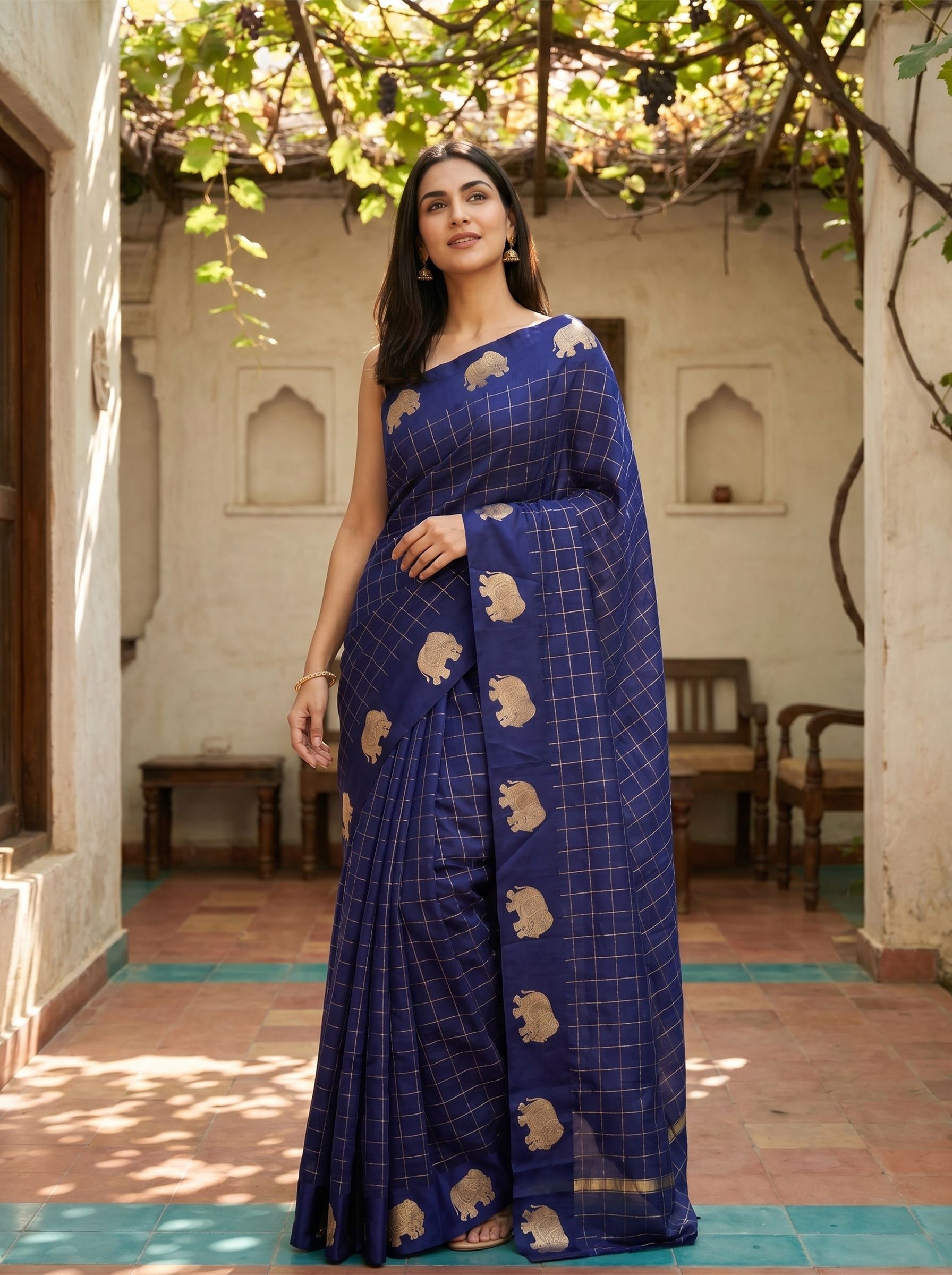 Kanjivaram Pure Silk Royal Blue Zari Checks and Elephant Motif Saree