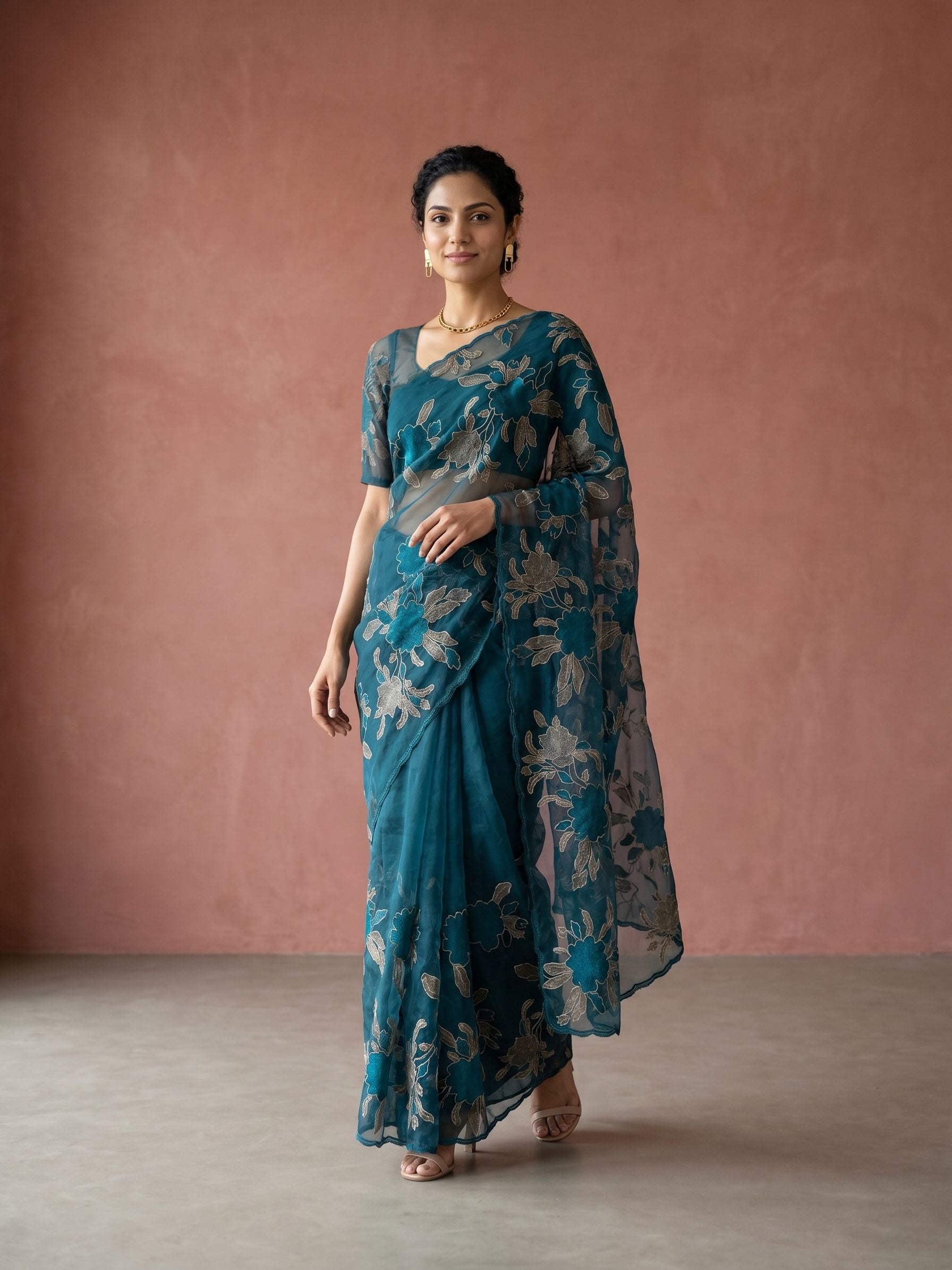 Organza Silk Teal Blue All-Over Floral & Leaf Gold Thread Embroidered Saree with Frill Hem Border
