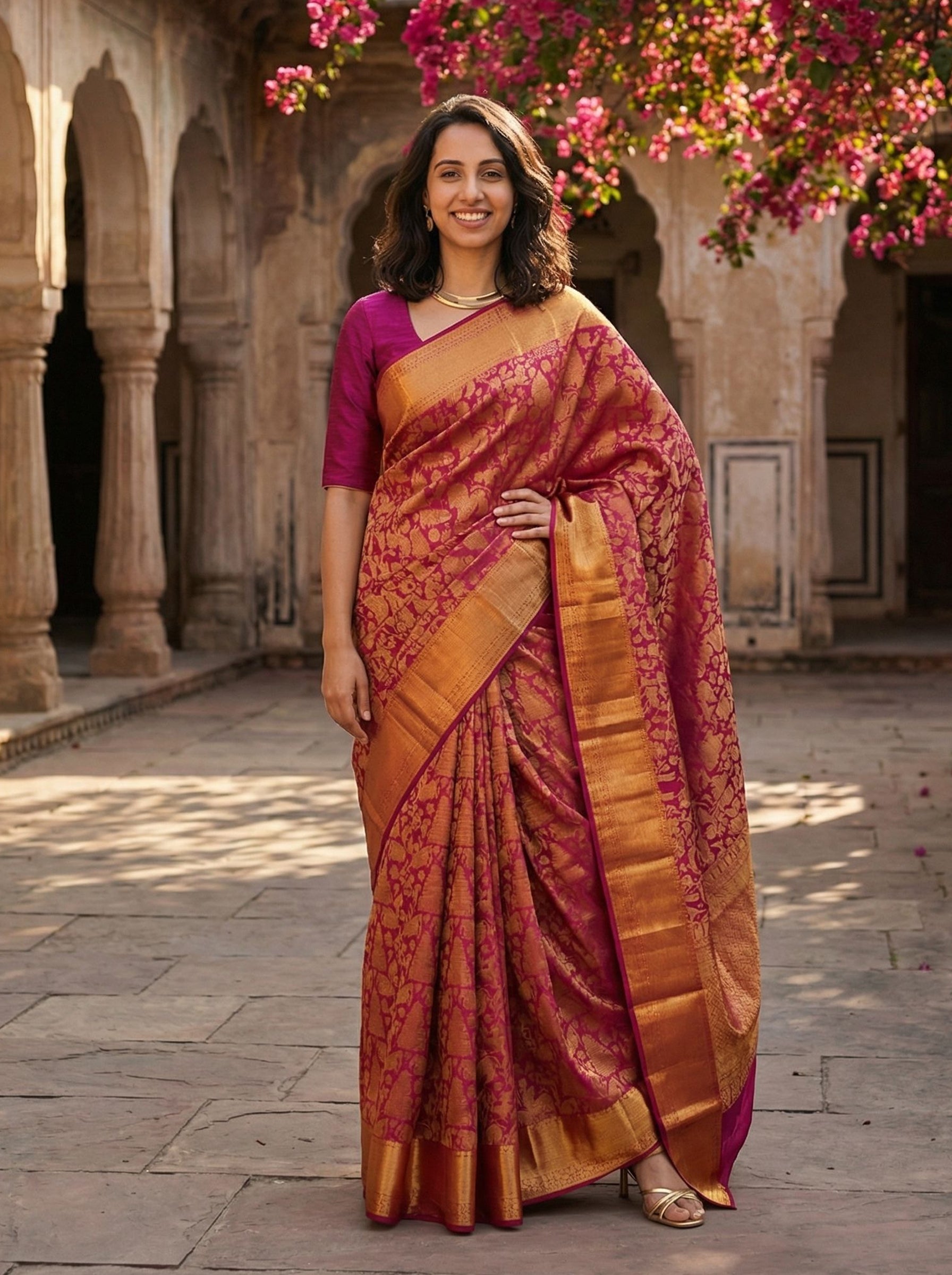 Kanjivaram Pure Silk Magenta Pink Floral Jacquard Woven Saree