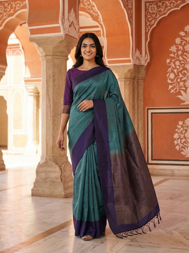 Woman wearing a teal and purple saree in an ornate indoor setting