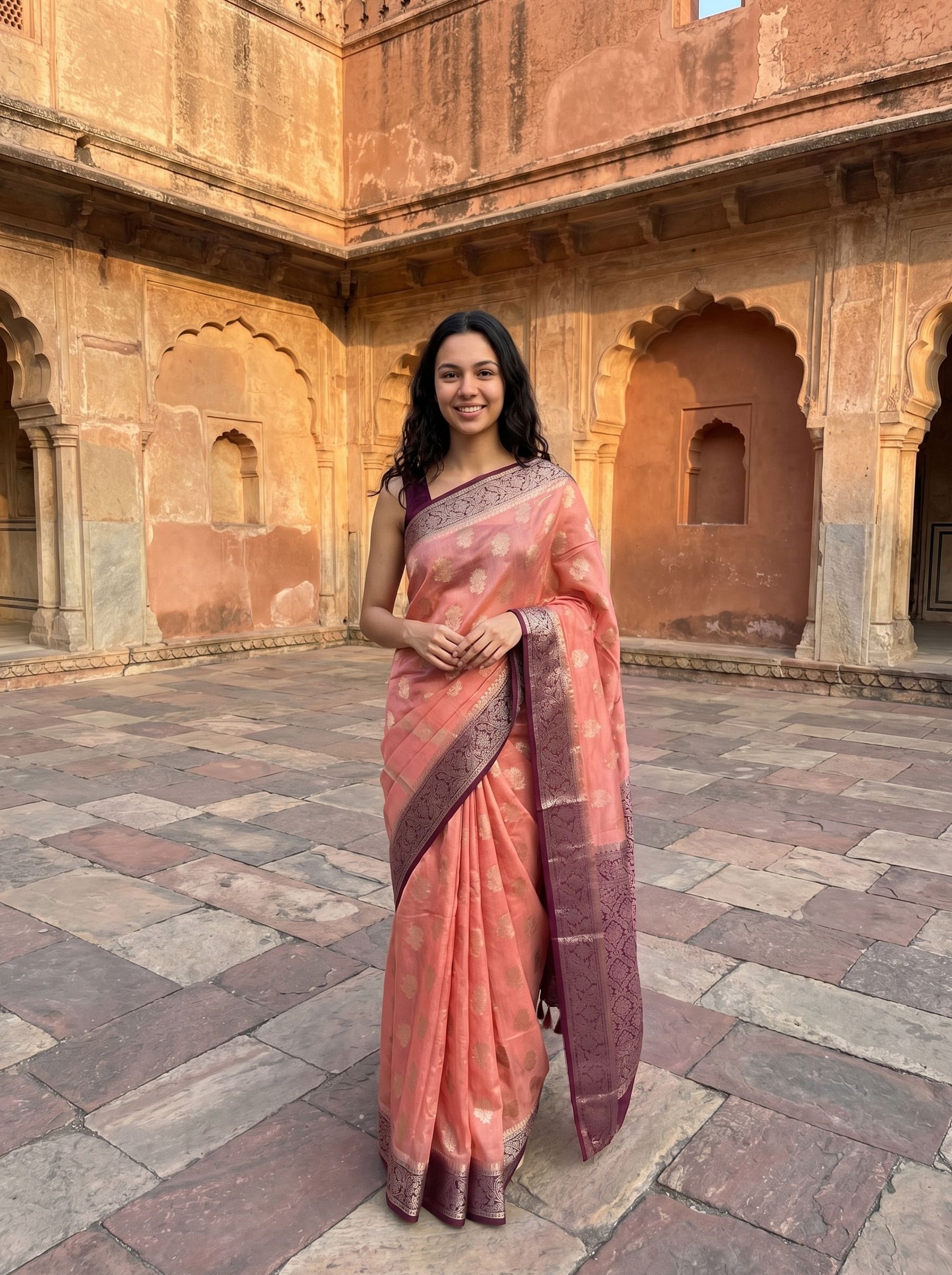 Semi Tussar Peach Delicate Gold Motif Saree