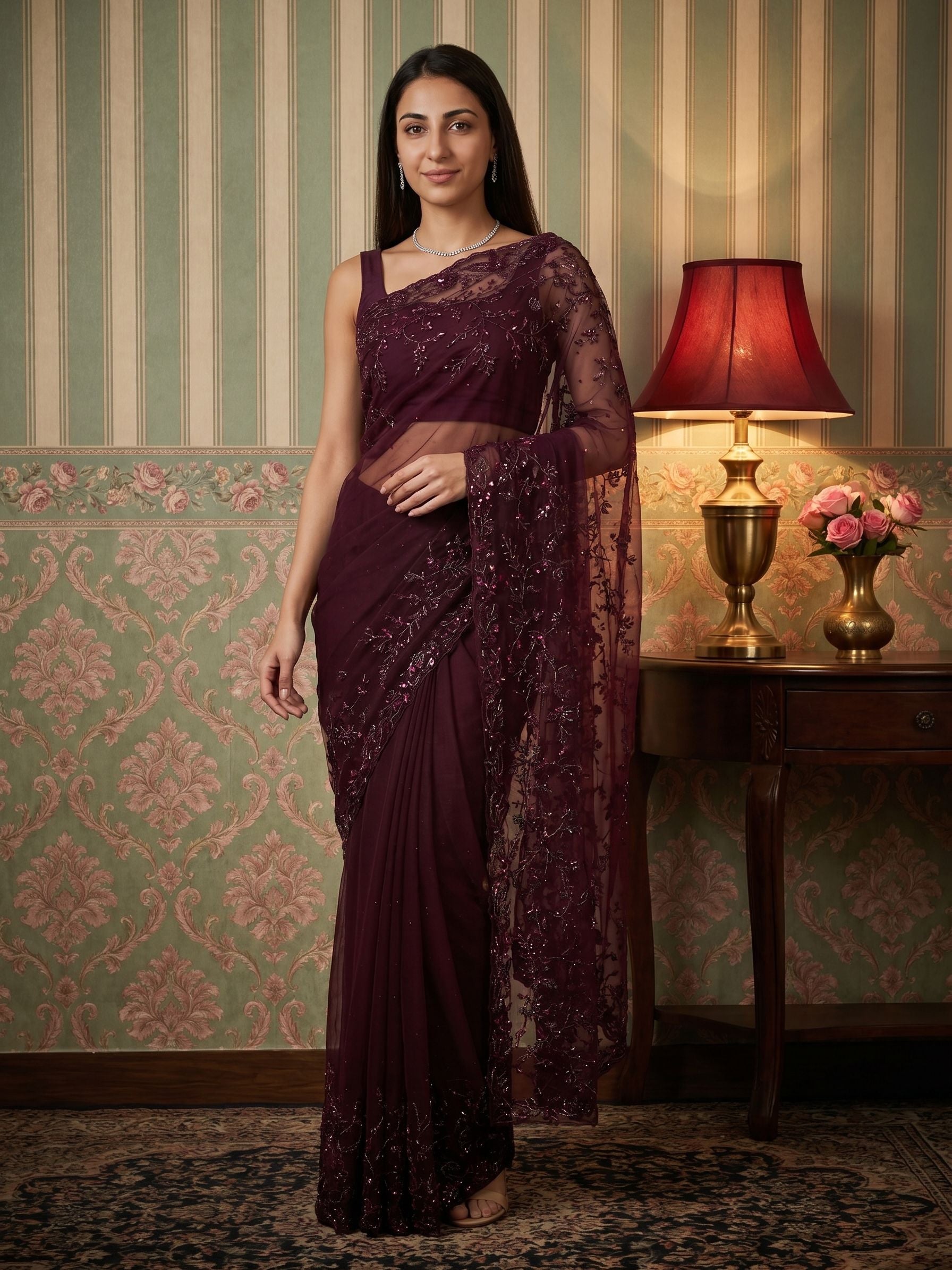 Woman in a dark purple saree standing in a room with decorative wallpaper and a lamp.