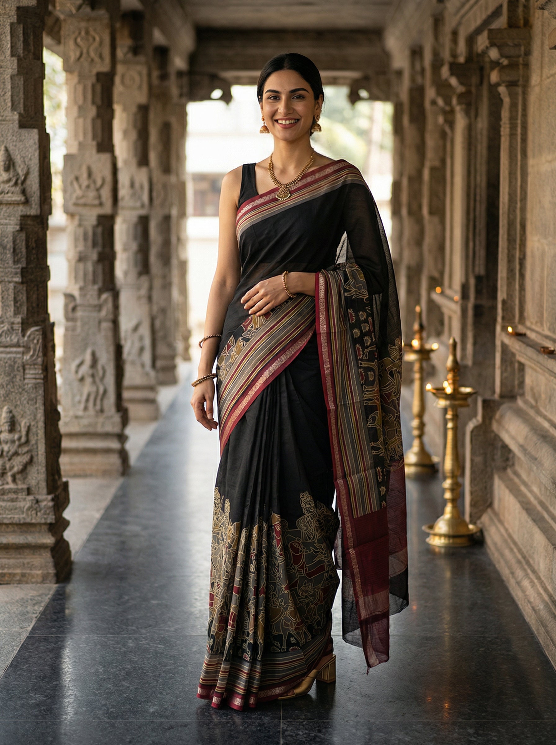 Cotton Black Saree with Maroon Border and Gold Motifs