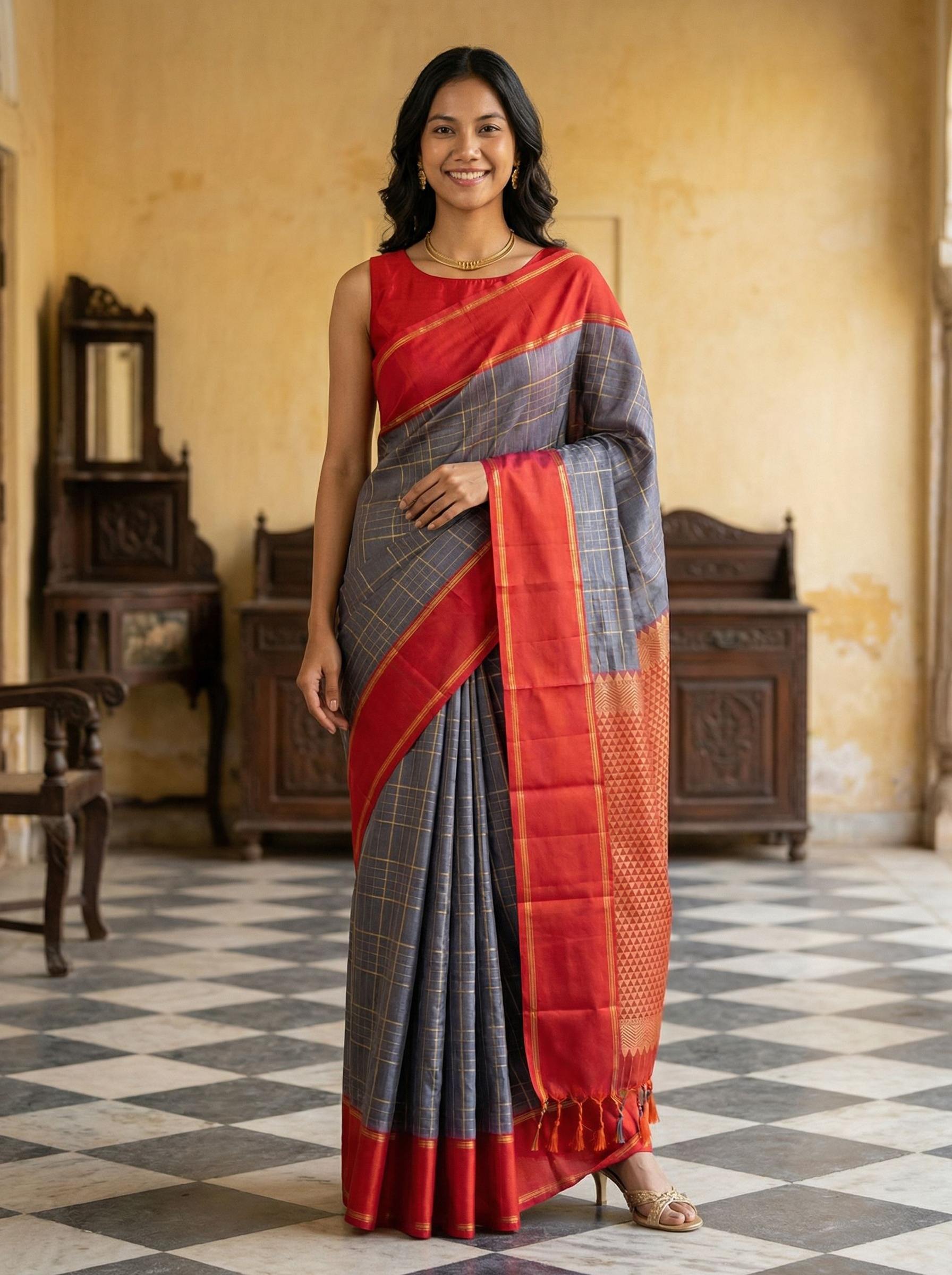 Kanjivaram Pure silk Grey and Red Checked Saree