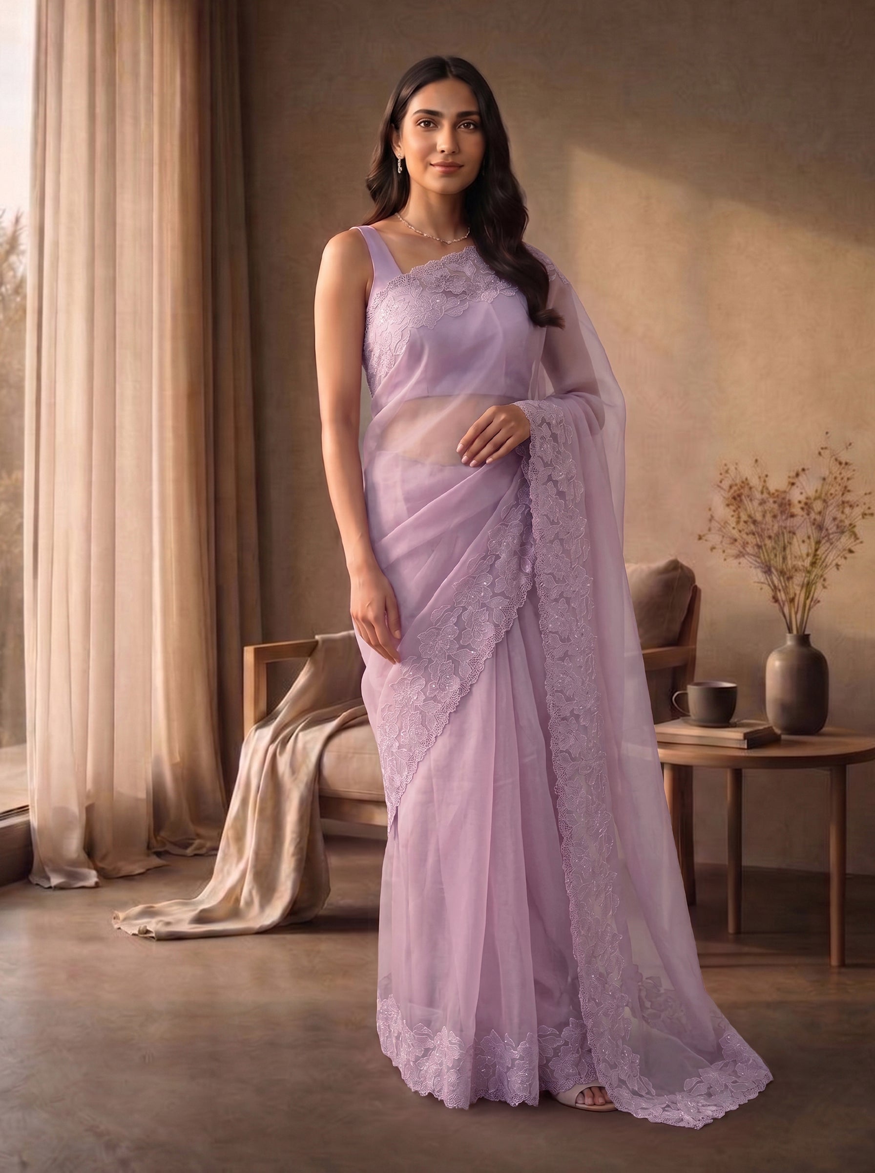 Organza Lilac Purple Plain Saree with Tone-on-Tone Floral Lace Border & Sequin Embellishment