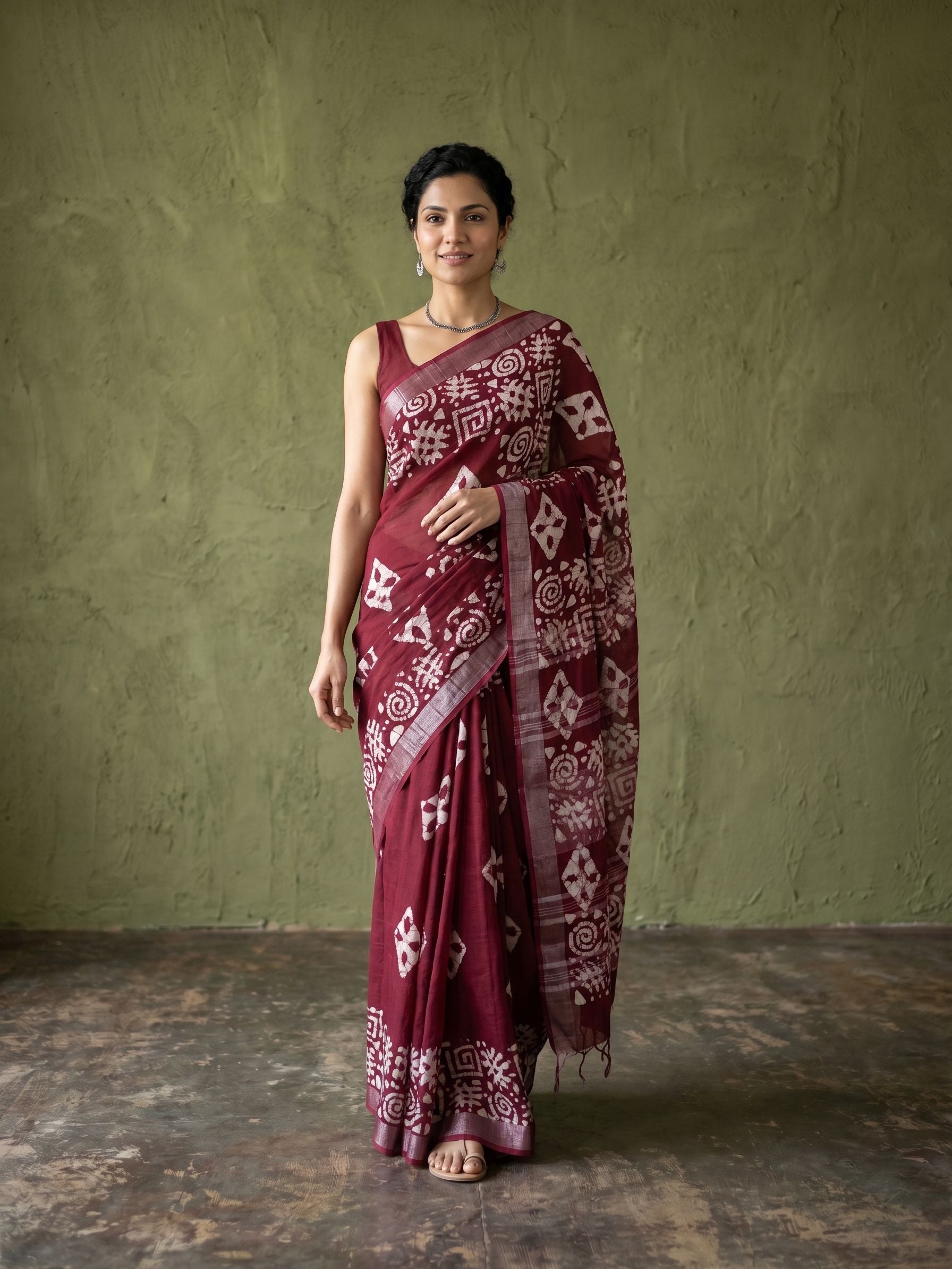 Woman wearing a maroon saree with white patterns against a green wall.