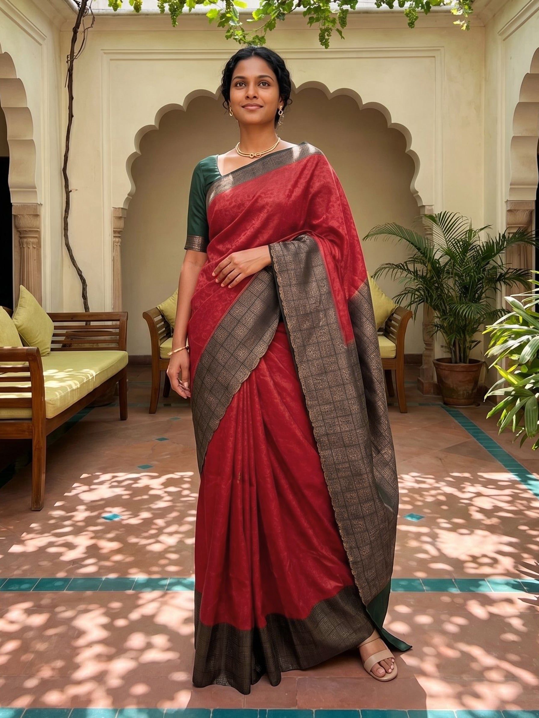 Woman wearing a red saree with a gray border in an outdoor setting.