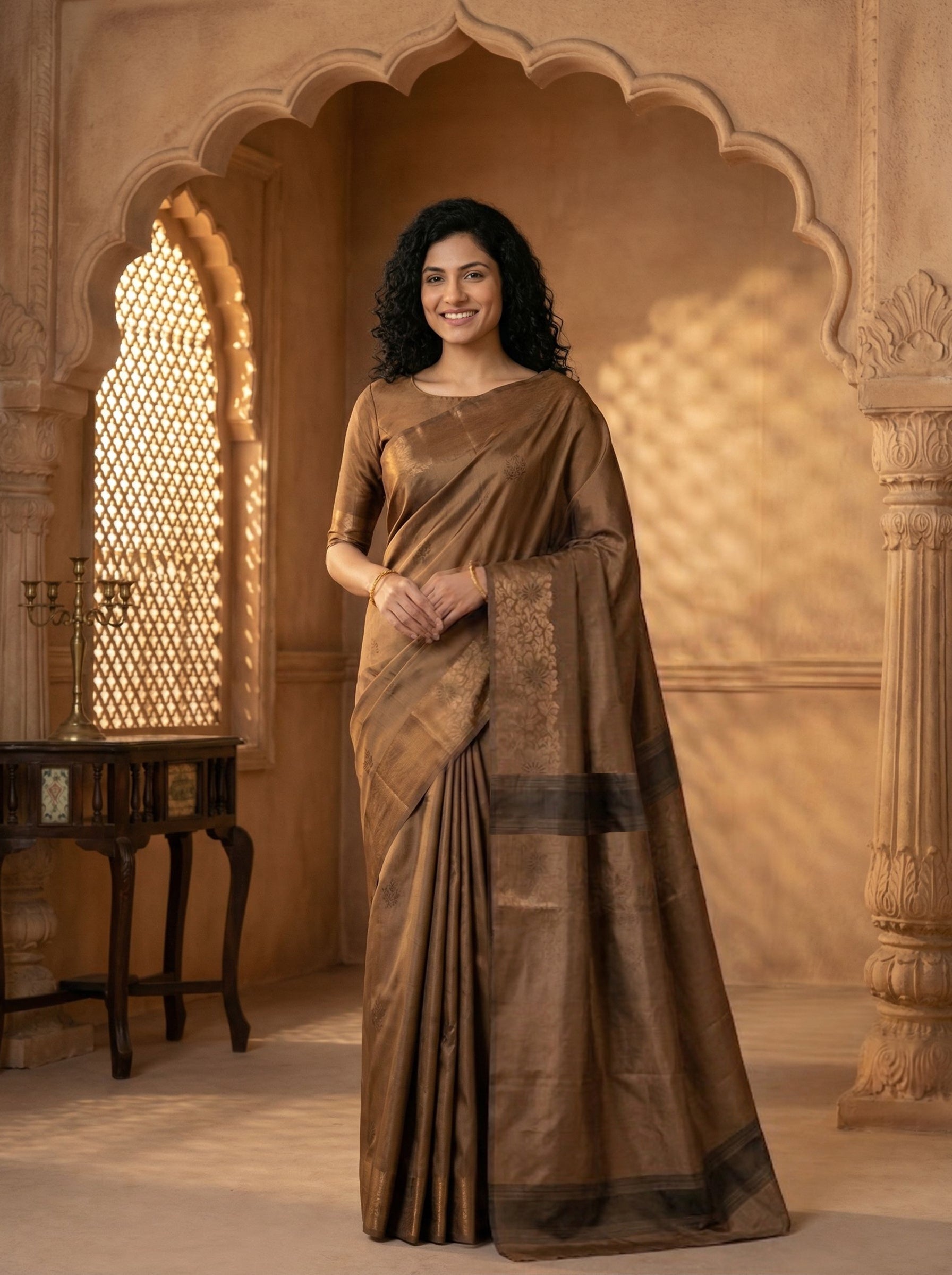 Woman in a brown saree standing in an ornate room with warm lighting.