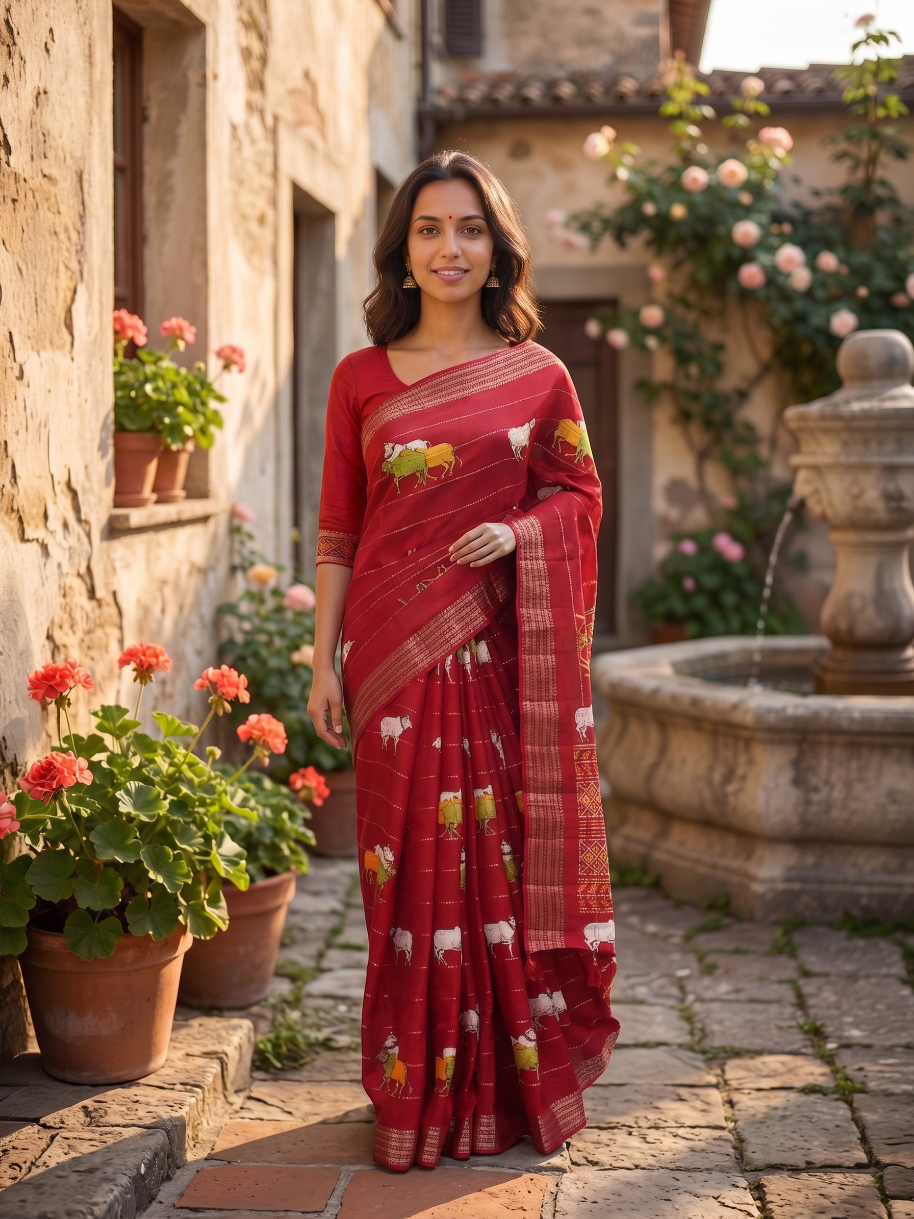 Woman in a red saree standing outdoors with flowers and a fountain in the background