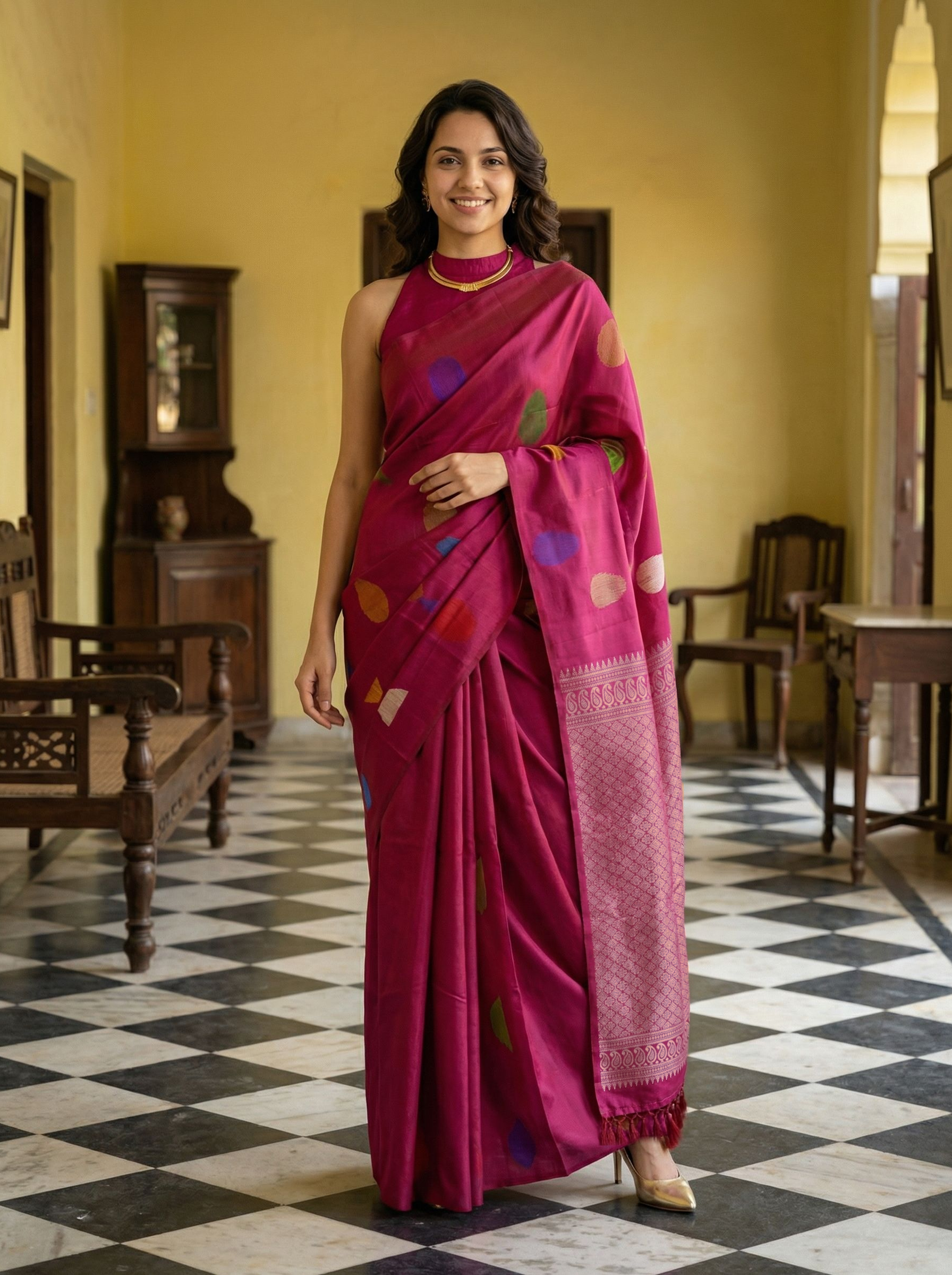 Kanjivaram Pure silk Pink Geometric Motif Contemporary Saree