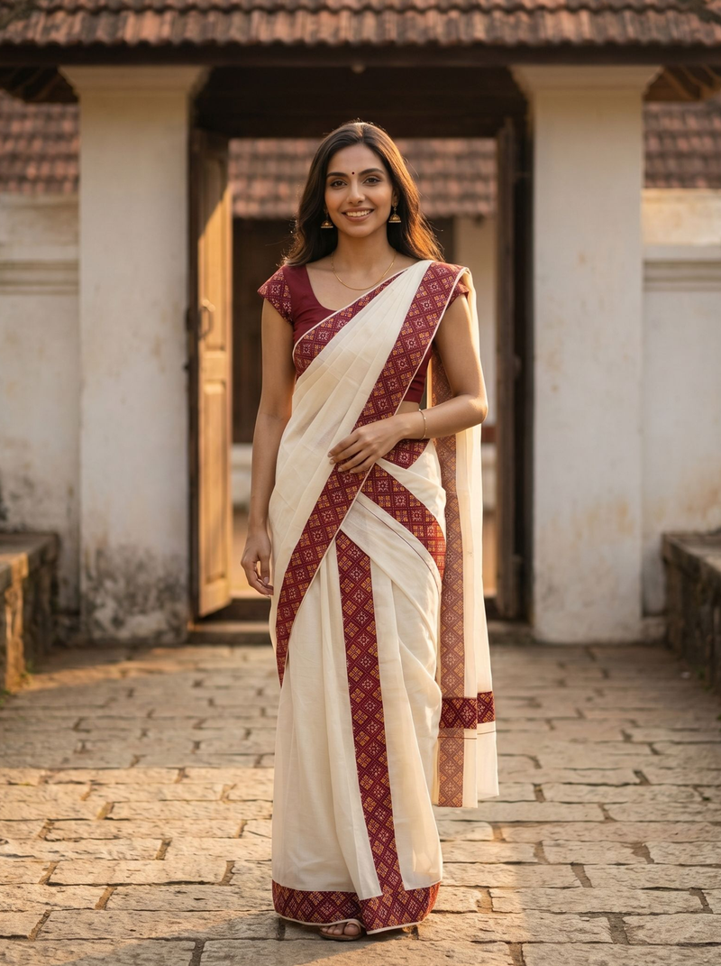Woman in a white and red saree standing in front of traditional architecture.