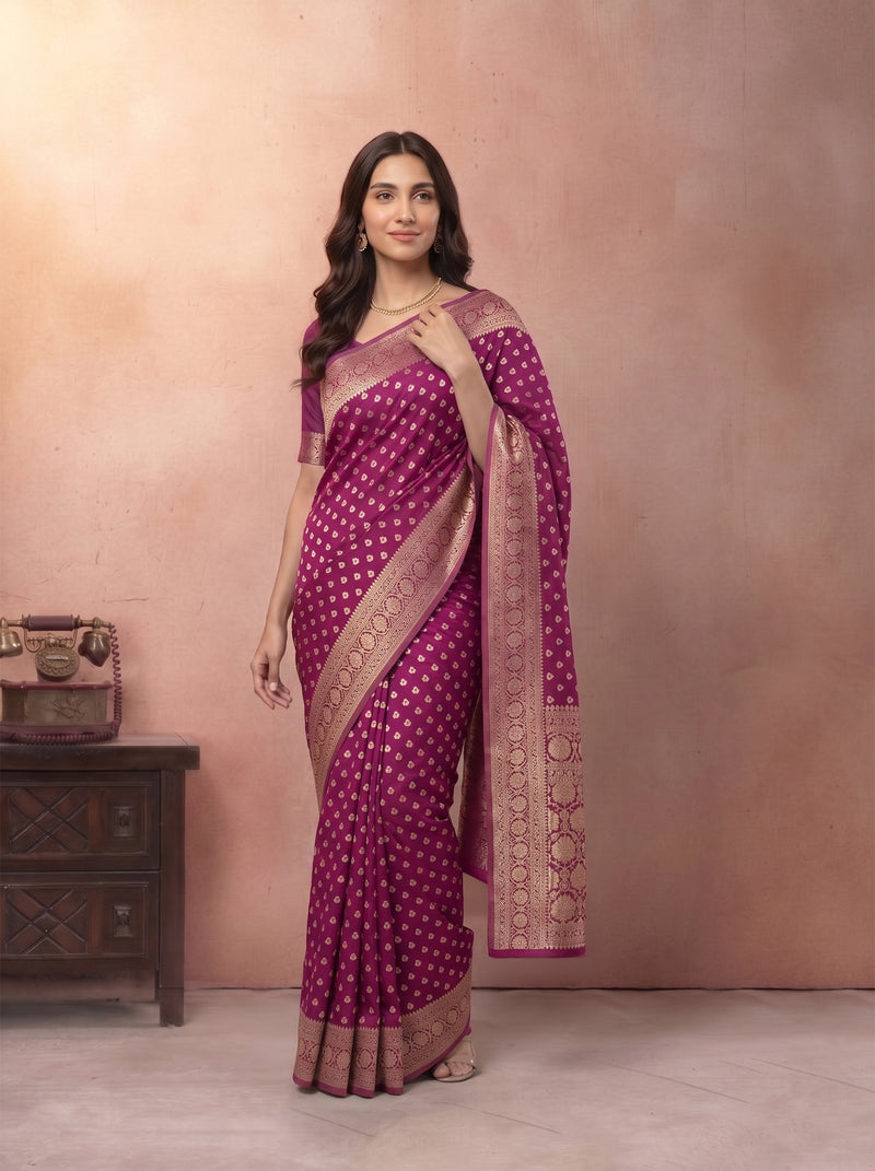 Woman wearing a purple saree with a pink background