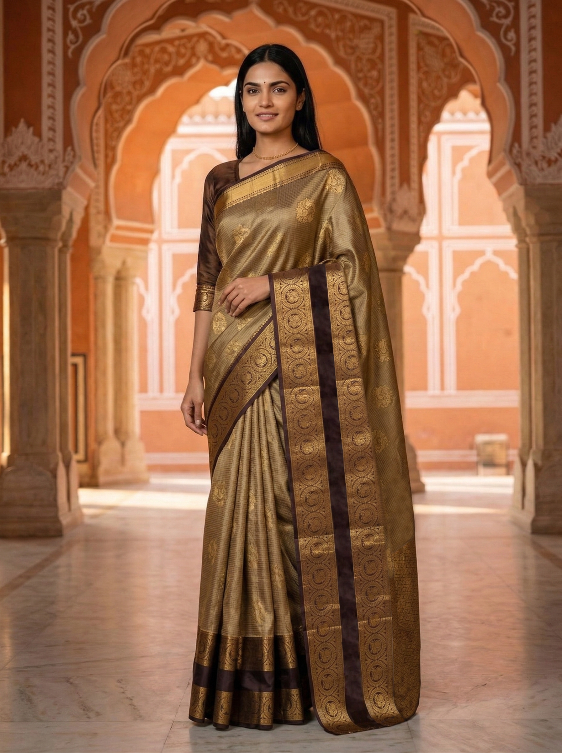 Semi Silk Regal Olive Gold  Saree with Grand Temple Border Design