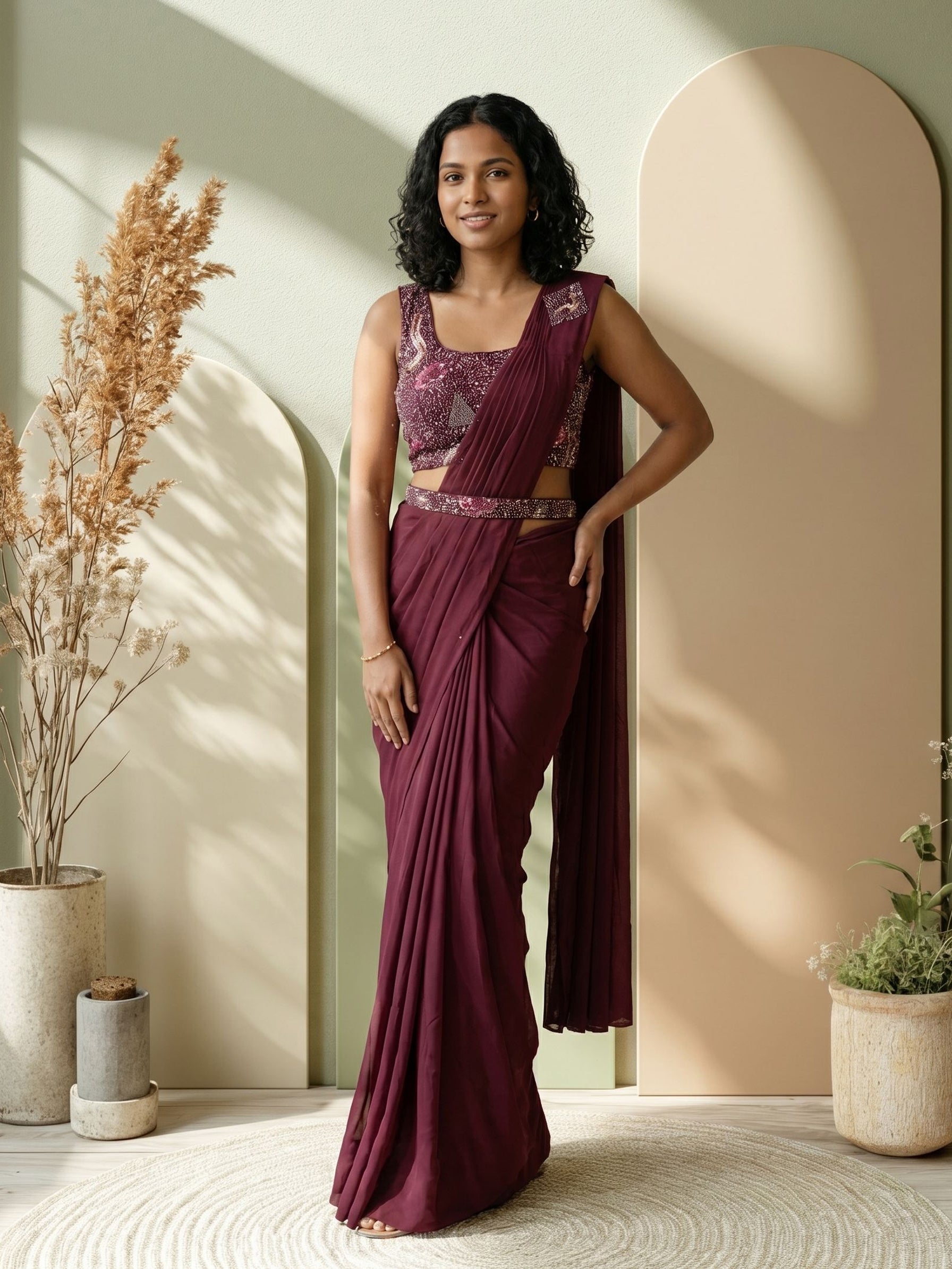 Woman in a maroon saree standing in a sunlit room with plants.