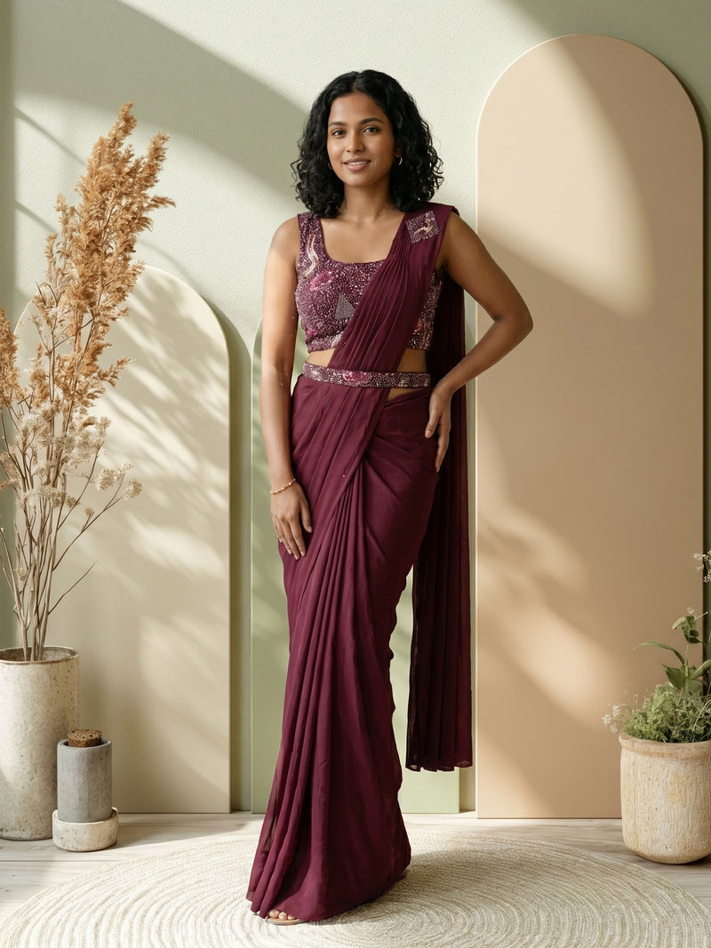 Woman in a maroon saree standing in a sunlit room with plants.