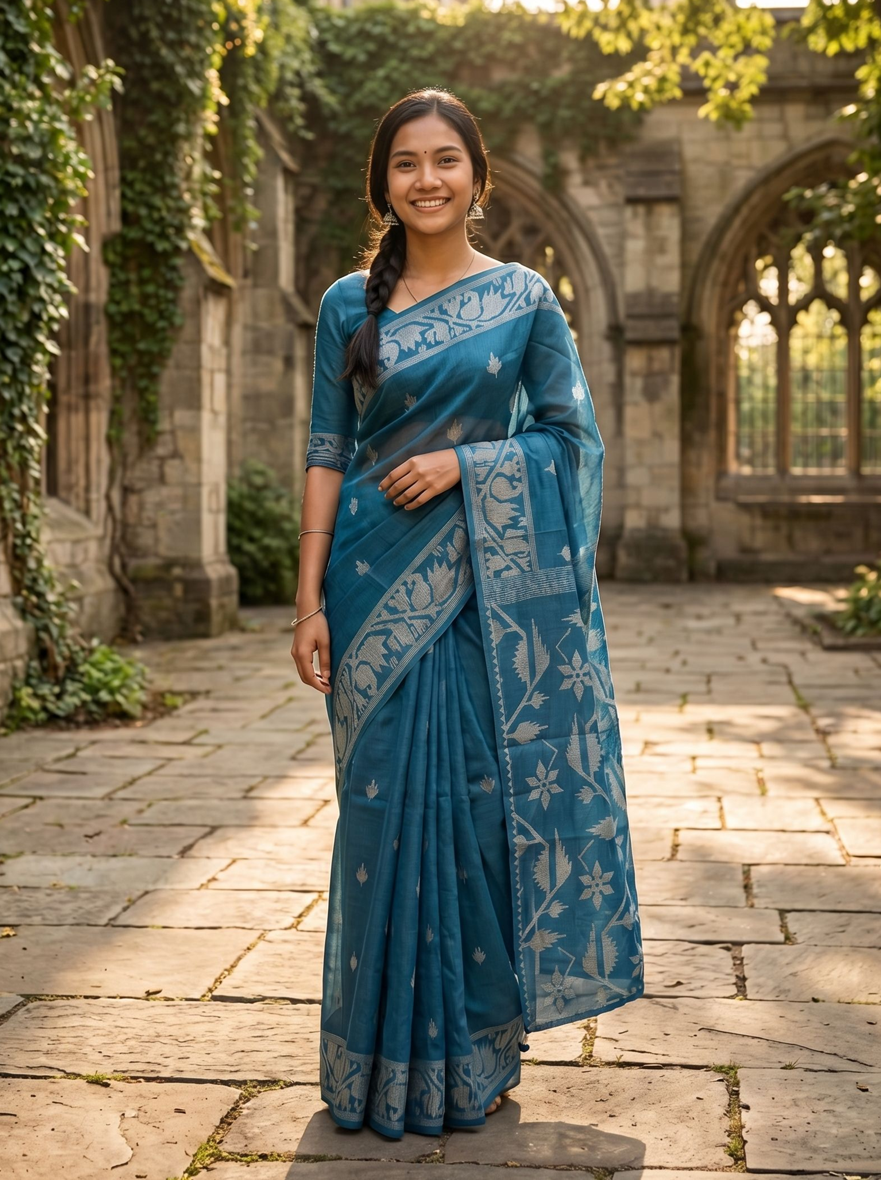 Semi Tussar Teal Blue Handwoven Saree with Silver Motifs