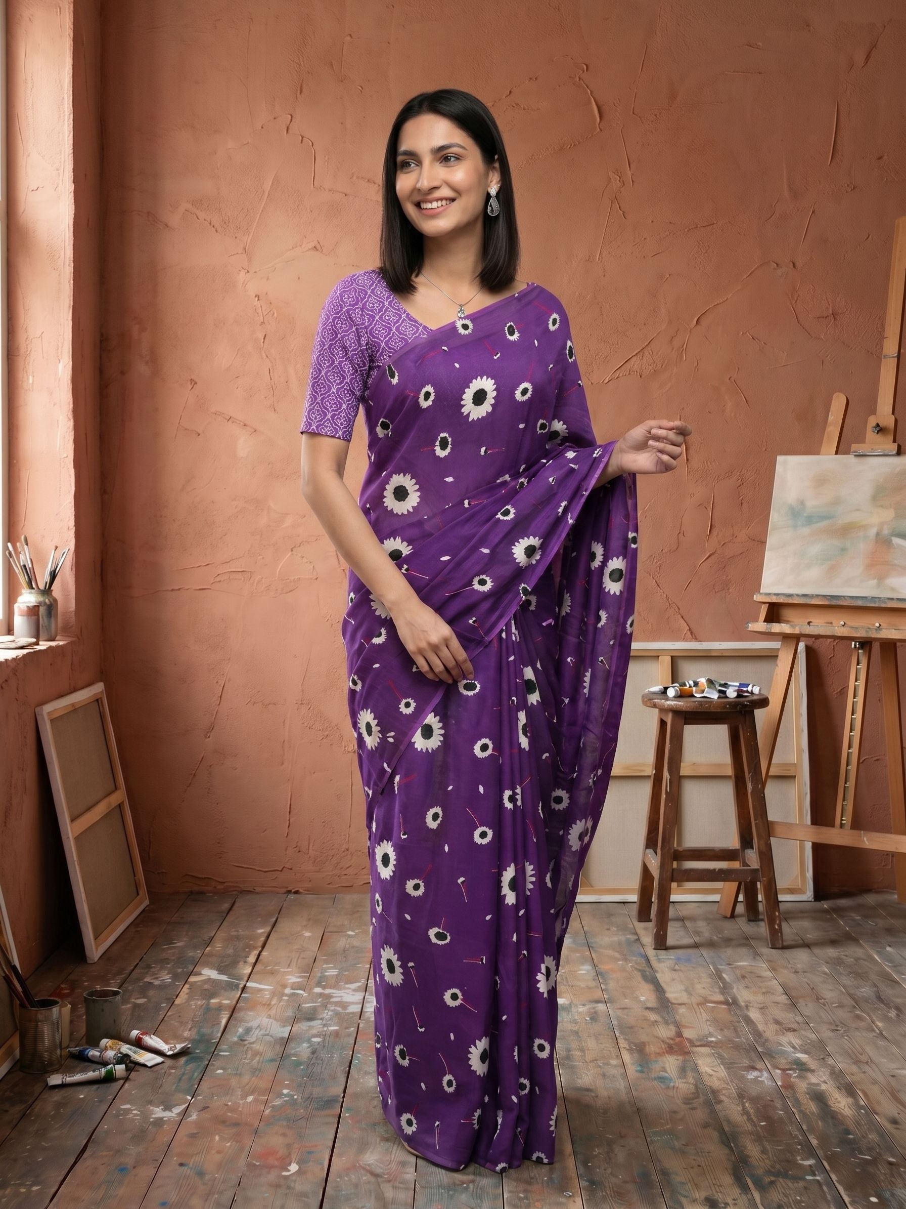 Woman wearing a purple saree with white floral patterns in an artist's studio.