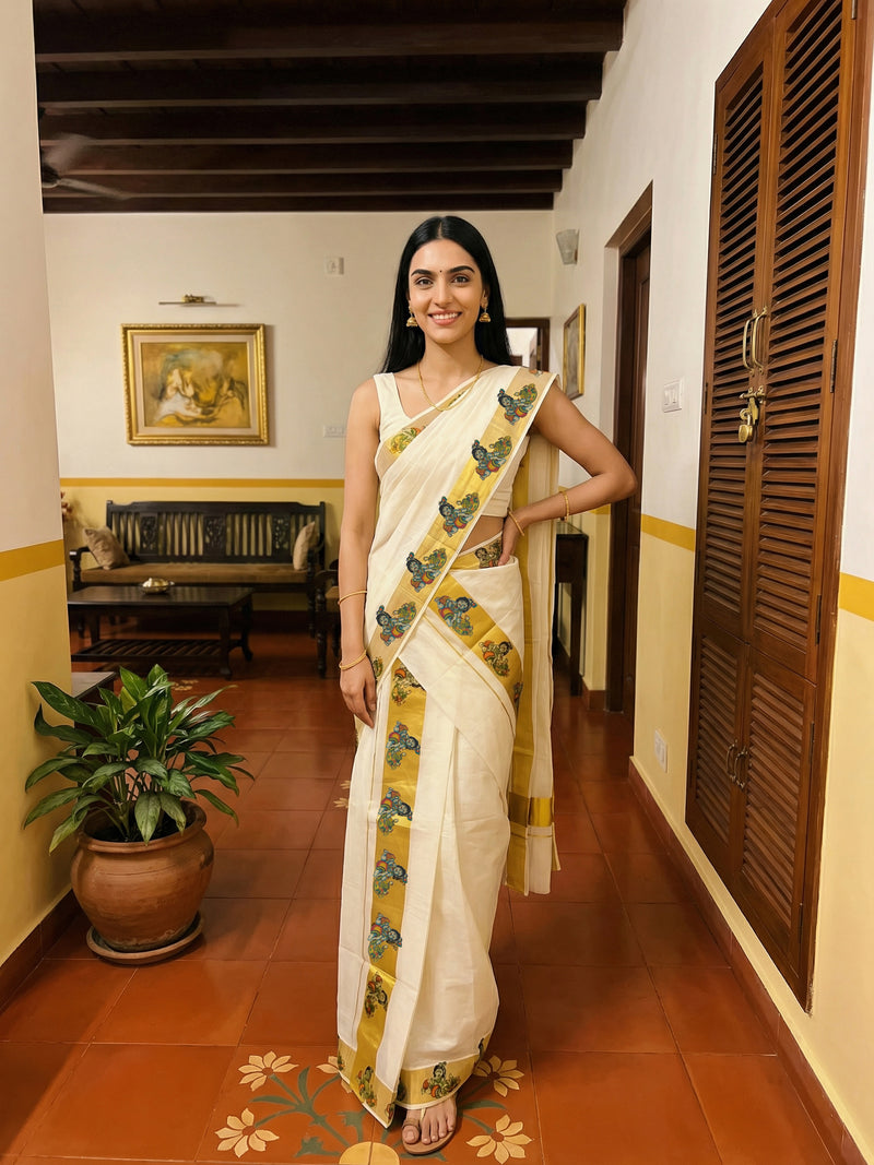 Woman in a white saree with green patterns standing in a room with wooden flooring and a plant.