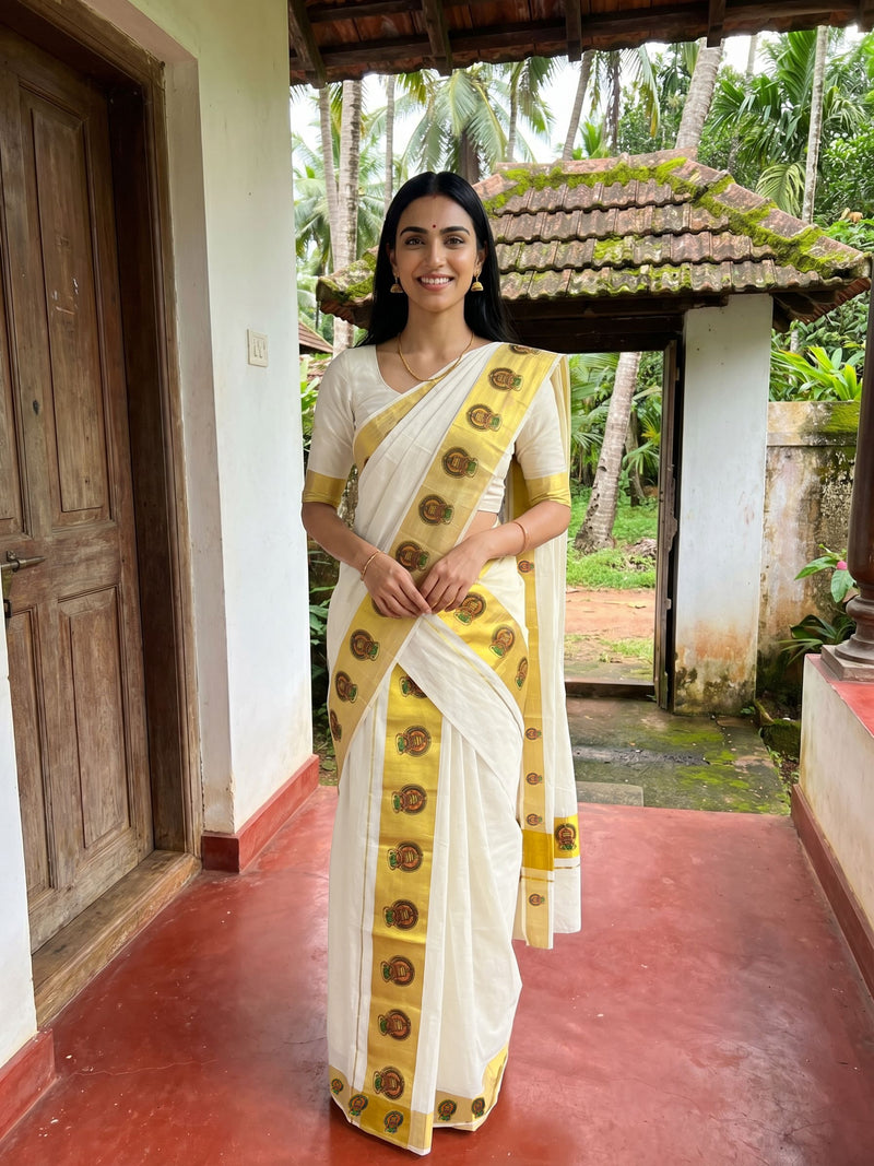 Woman in a white and yellow saree standing in a tropical setting with greenery.