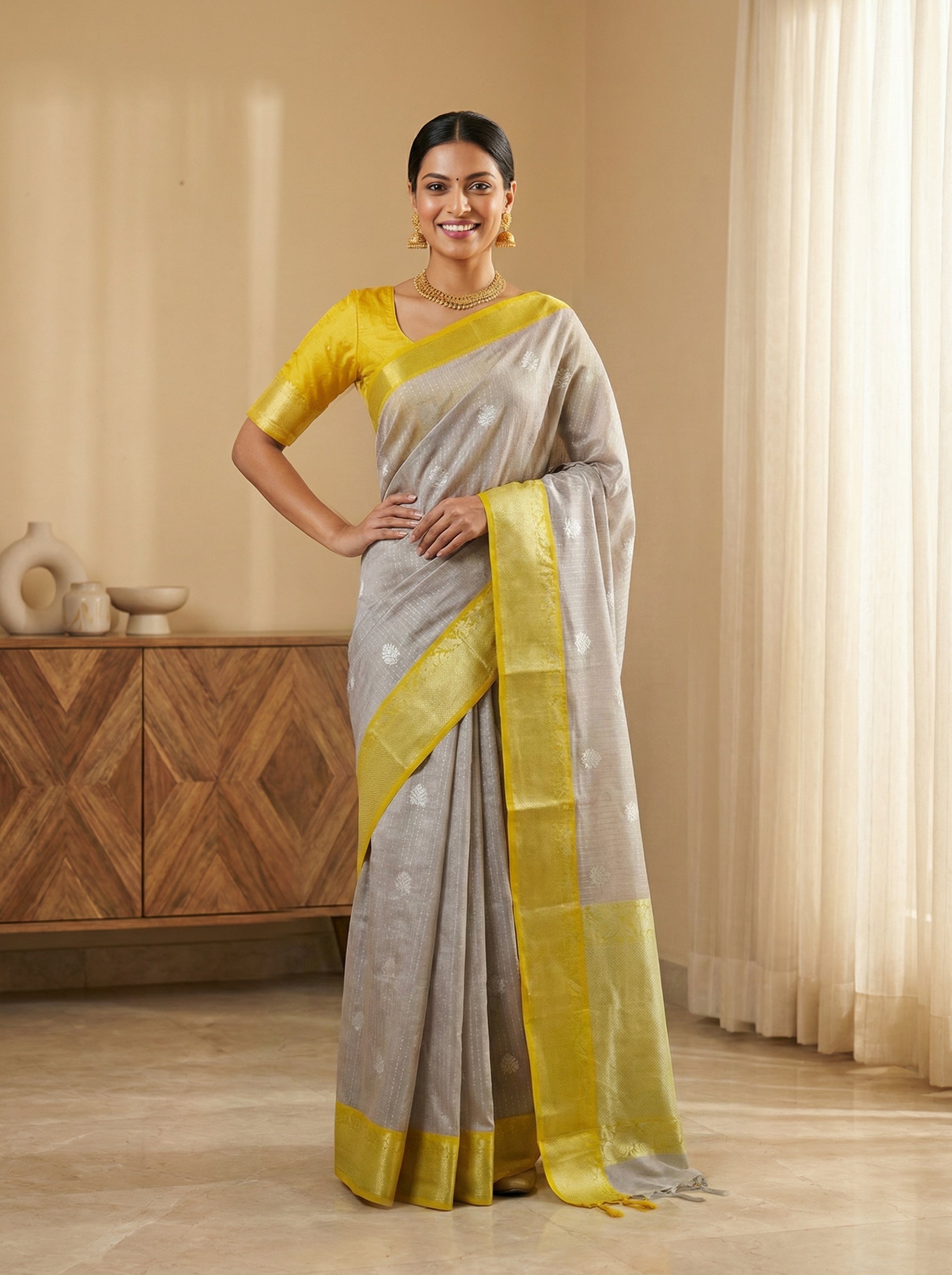Synthetic Grey Elegant Saree with Yellow Pallu and Butta Motif