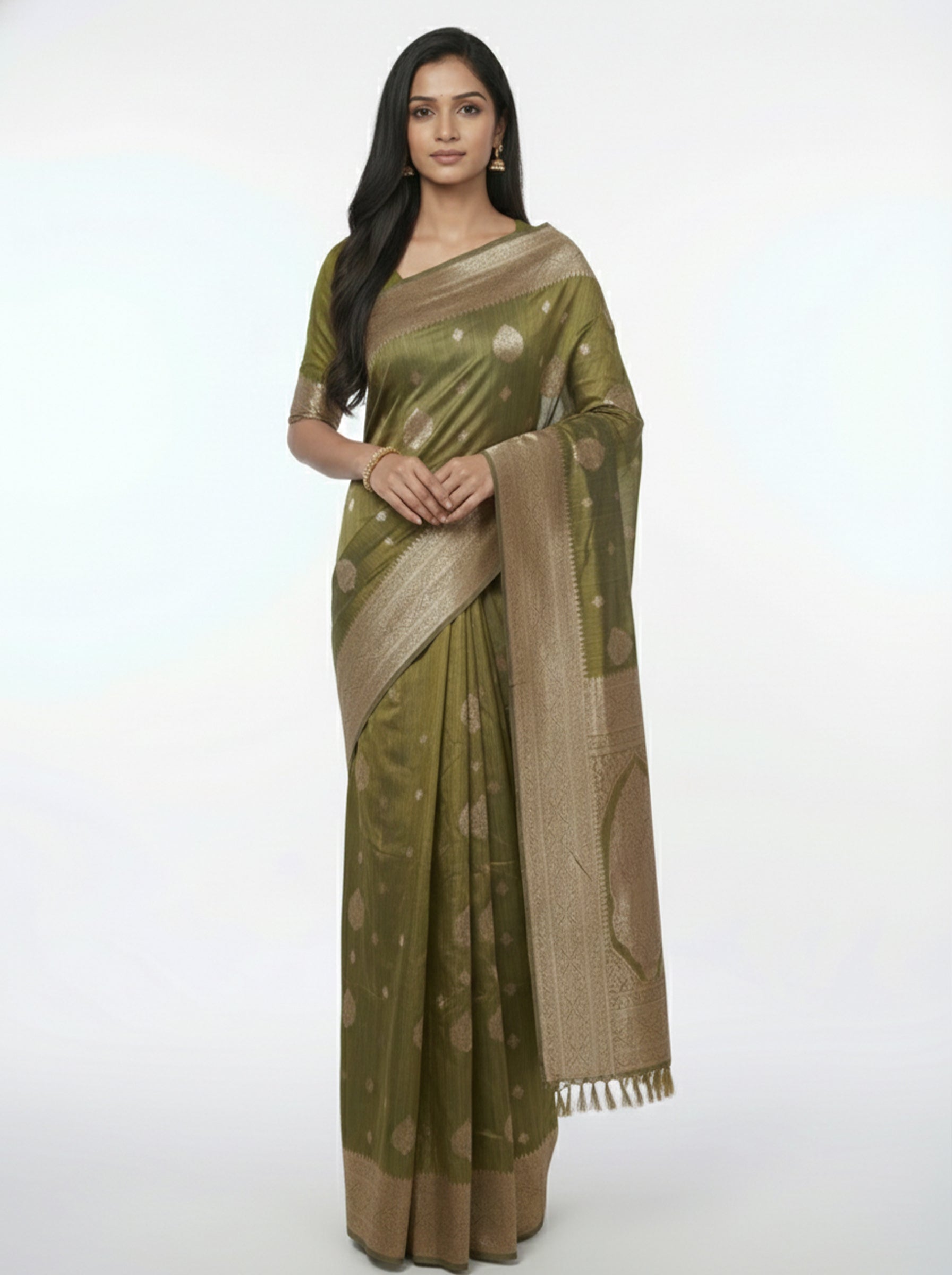 Semi Silk Women’s Caramel Saree with Spread Butta Motifs