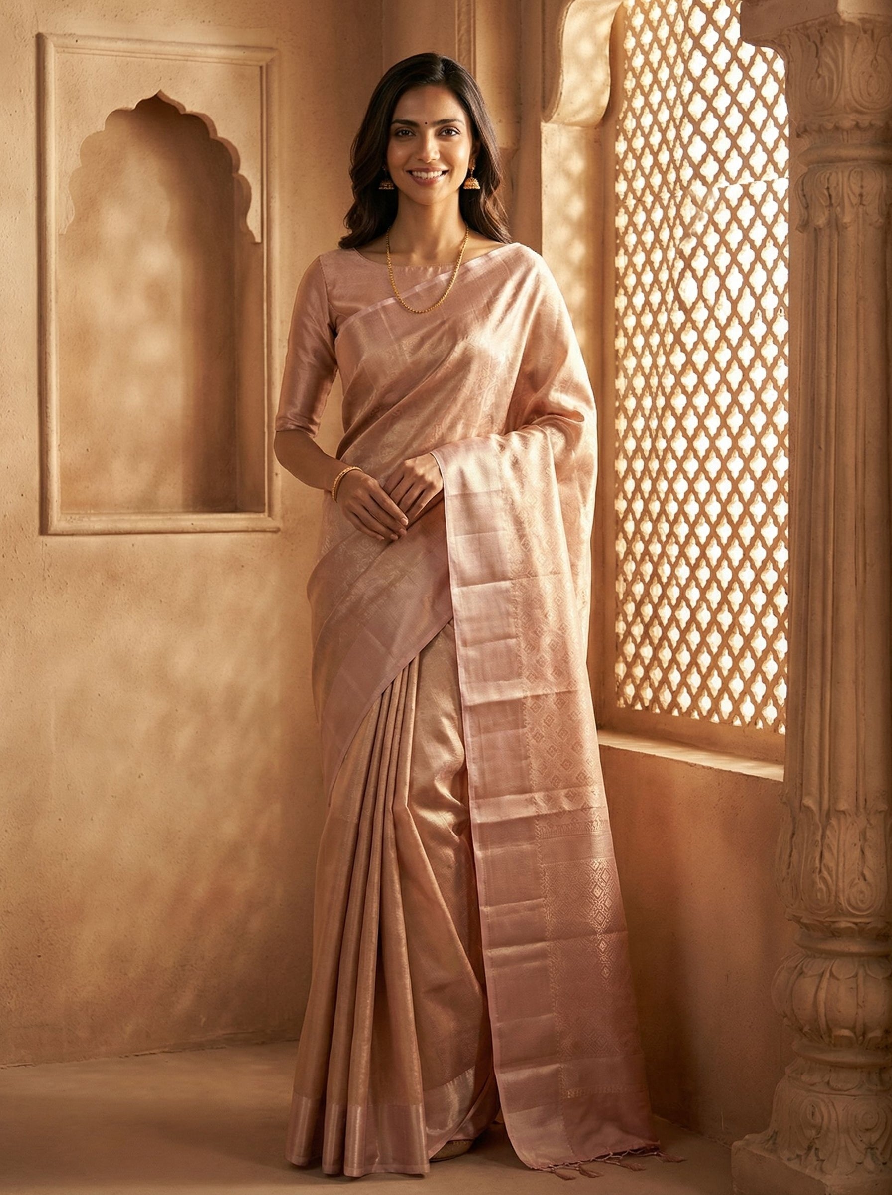 Semi Silk Blush Pink Floral Pattern Saree