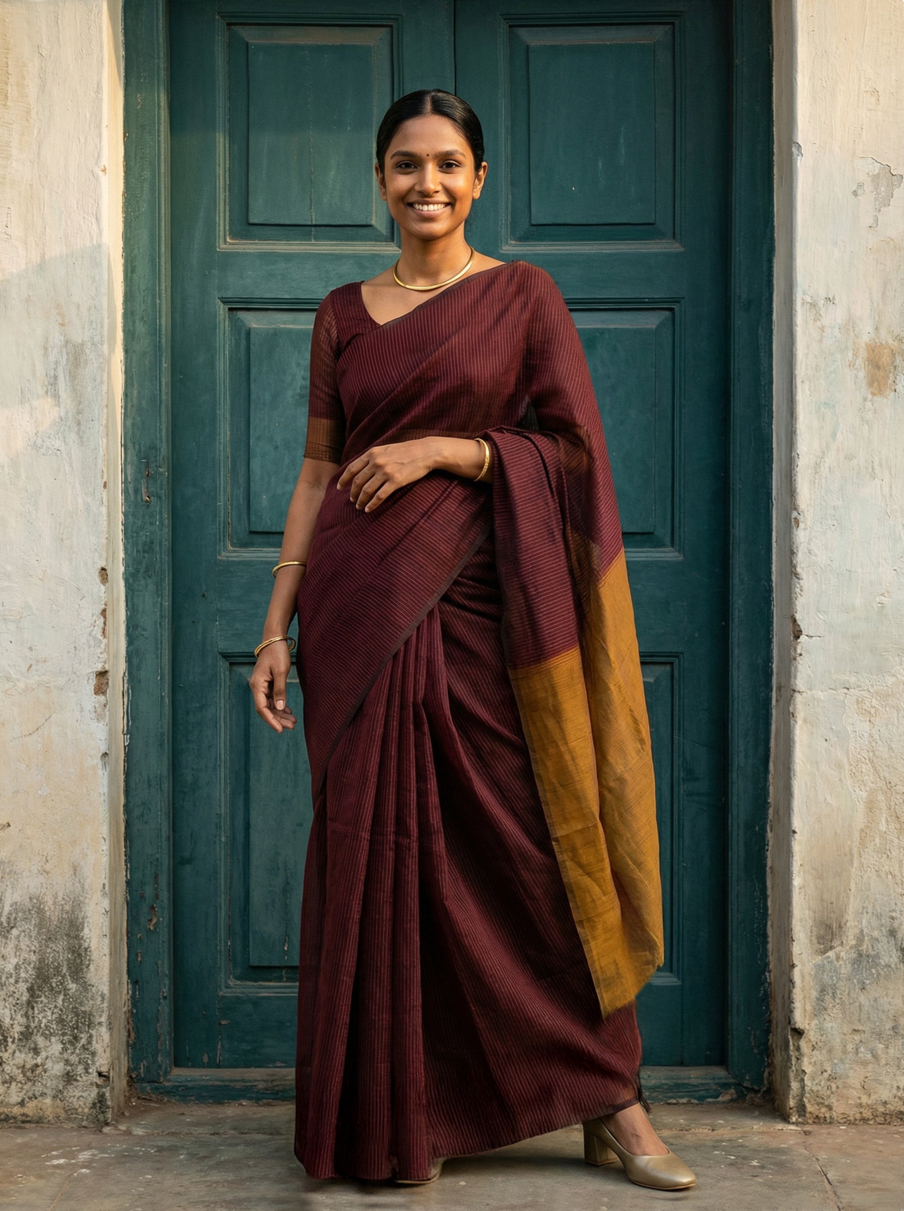 Synthetic Maroon Traditional Saree with Fine Stripe Pattern