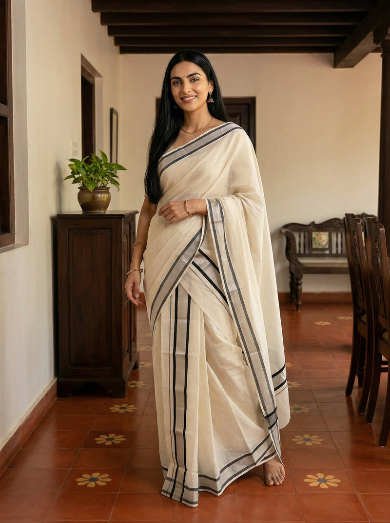 Woman in a white saree with black stripes standing in a room with wooden furniture and plants.