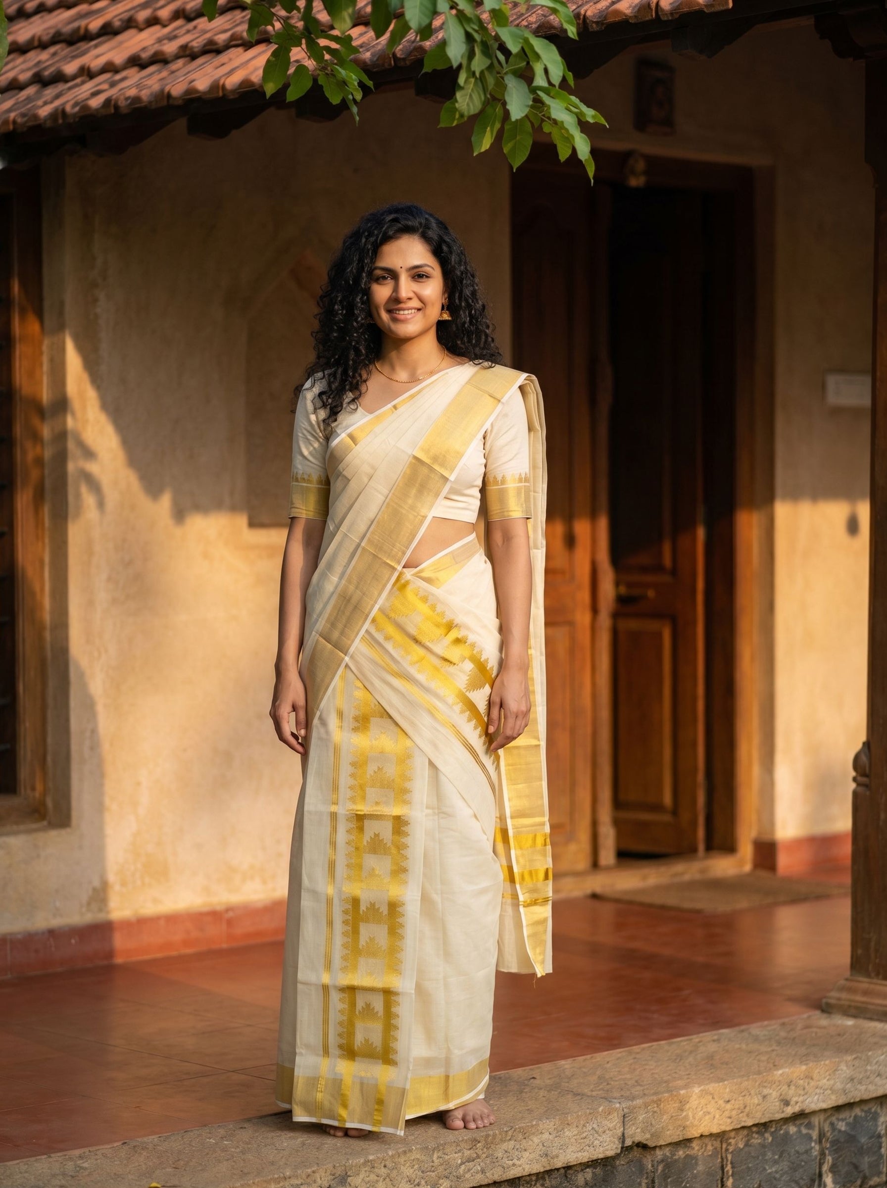 Woman in a traditional saree standing outdoors with a warm glow