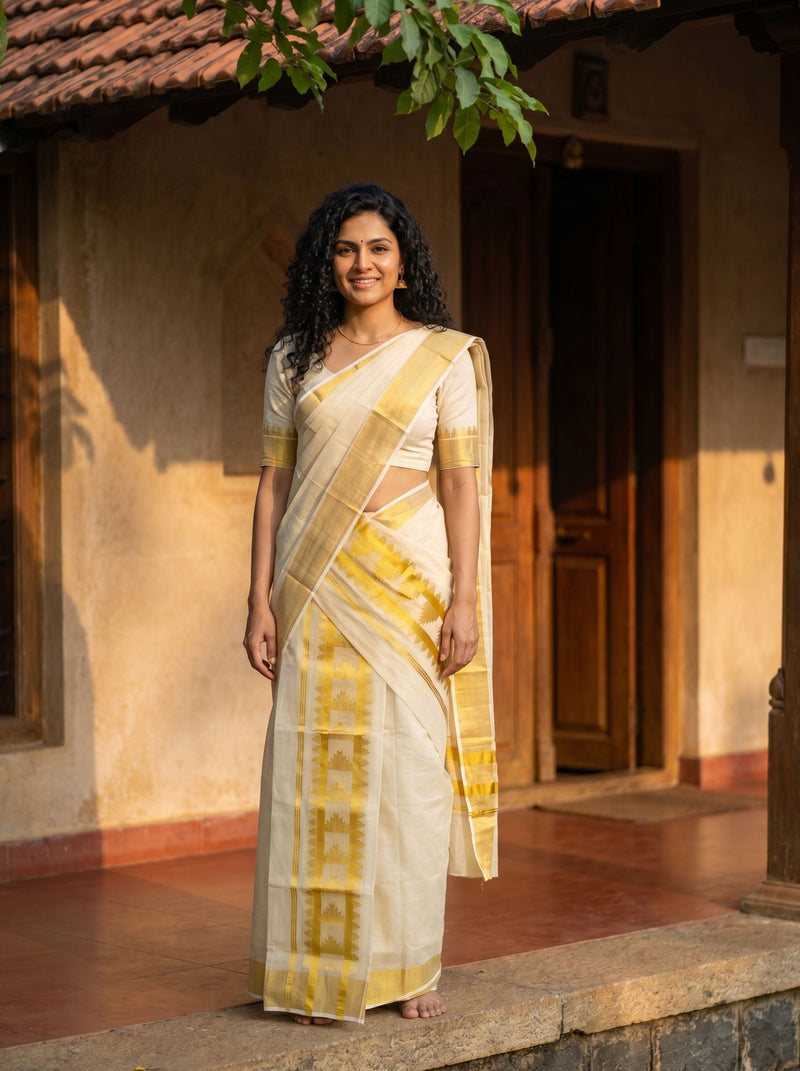 Woman in a traditional saree standing outdoors with a warm glow