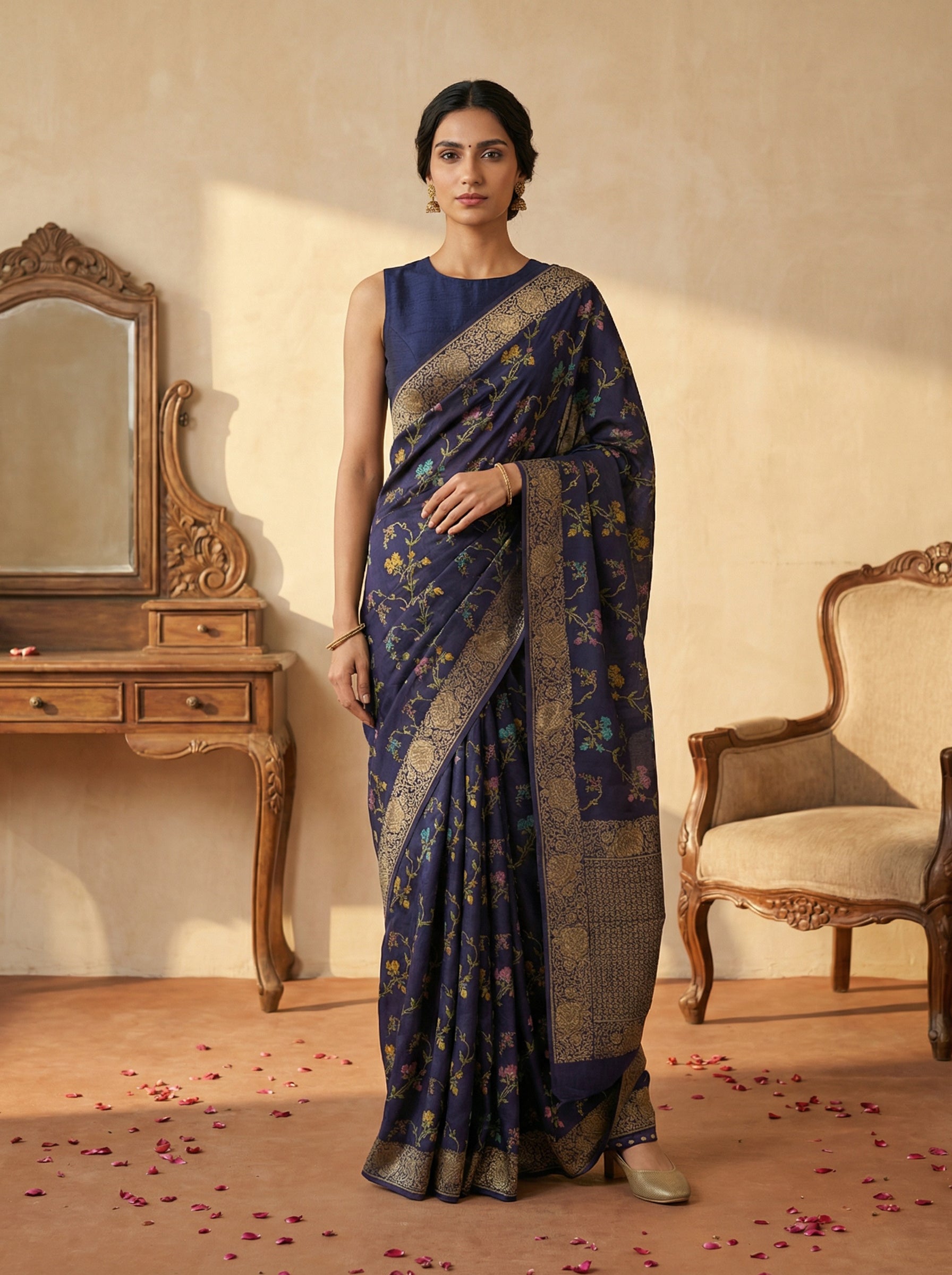 Jute Sapphire Blue Nature Trail Saree