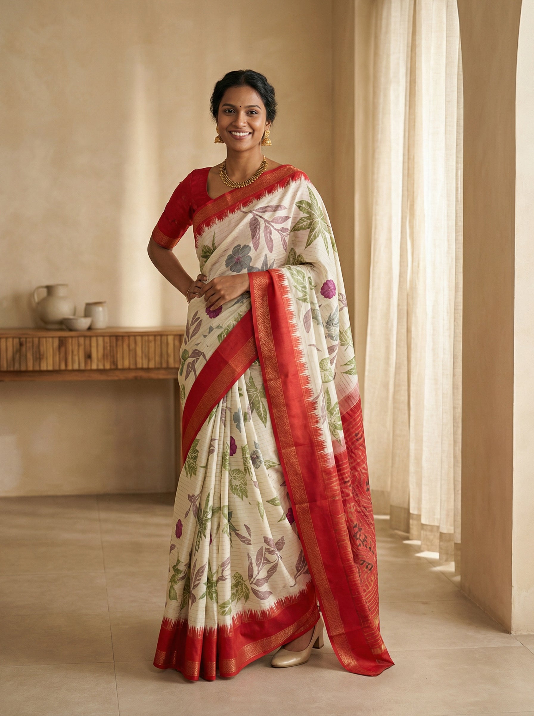 Synthetic Cream Floral Print Saree with Elegant Red Border