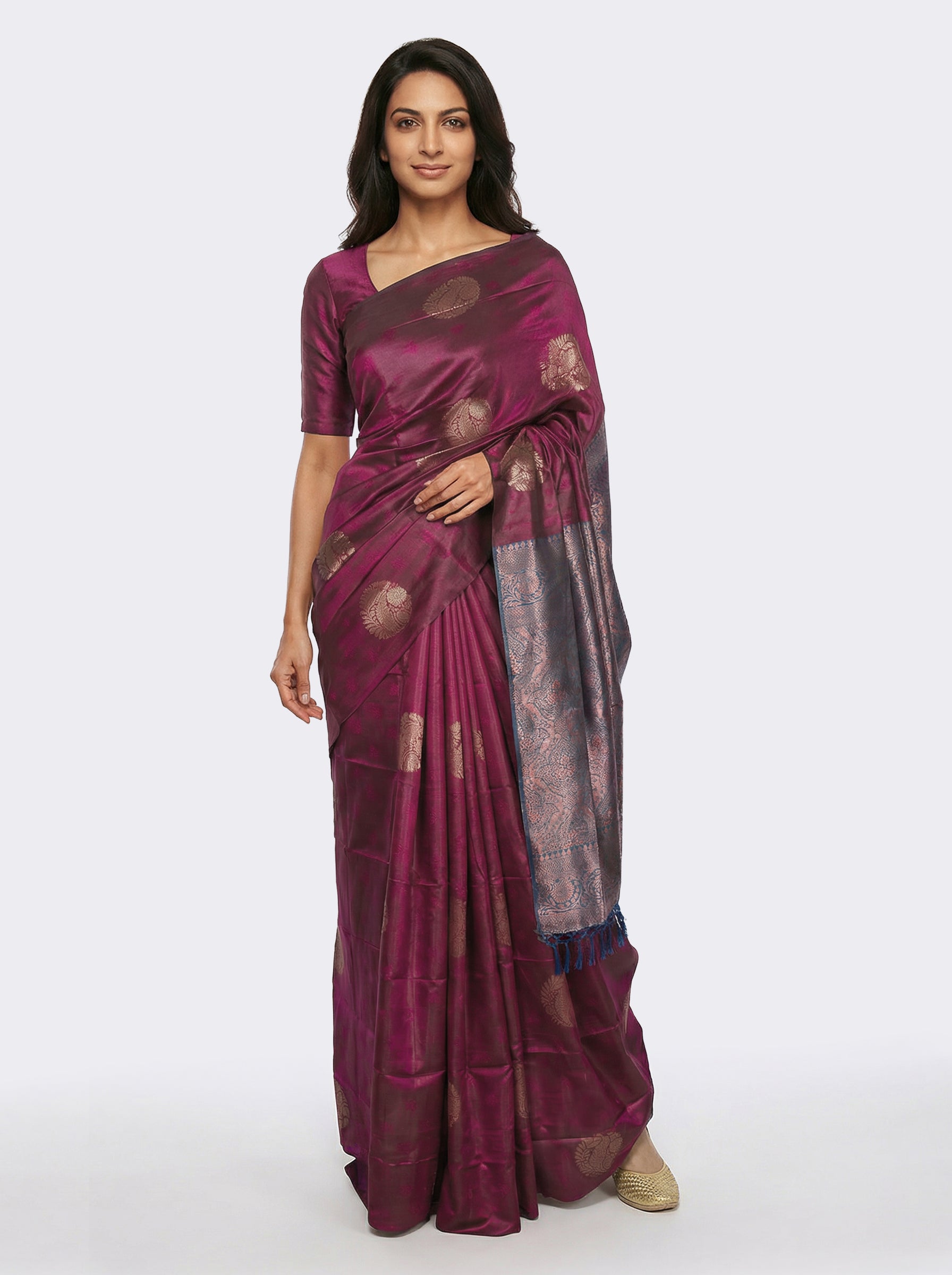 Semi Silk Wine Colour Saree with Banarasi Contrast Weave