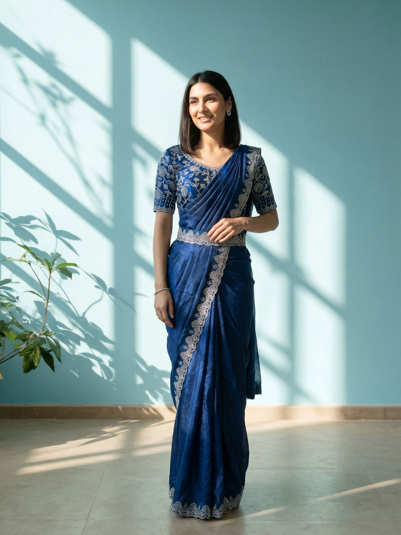 Woman wearing a blue saree with white patterns standing in a room with light blue walls and a plant.
