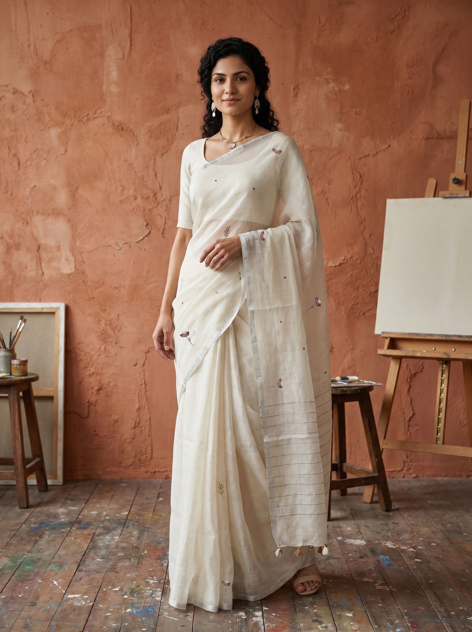 Woman in a white saree standing in an artist's studio with a brown wall and easel in the background.